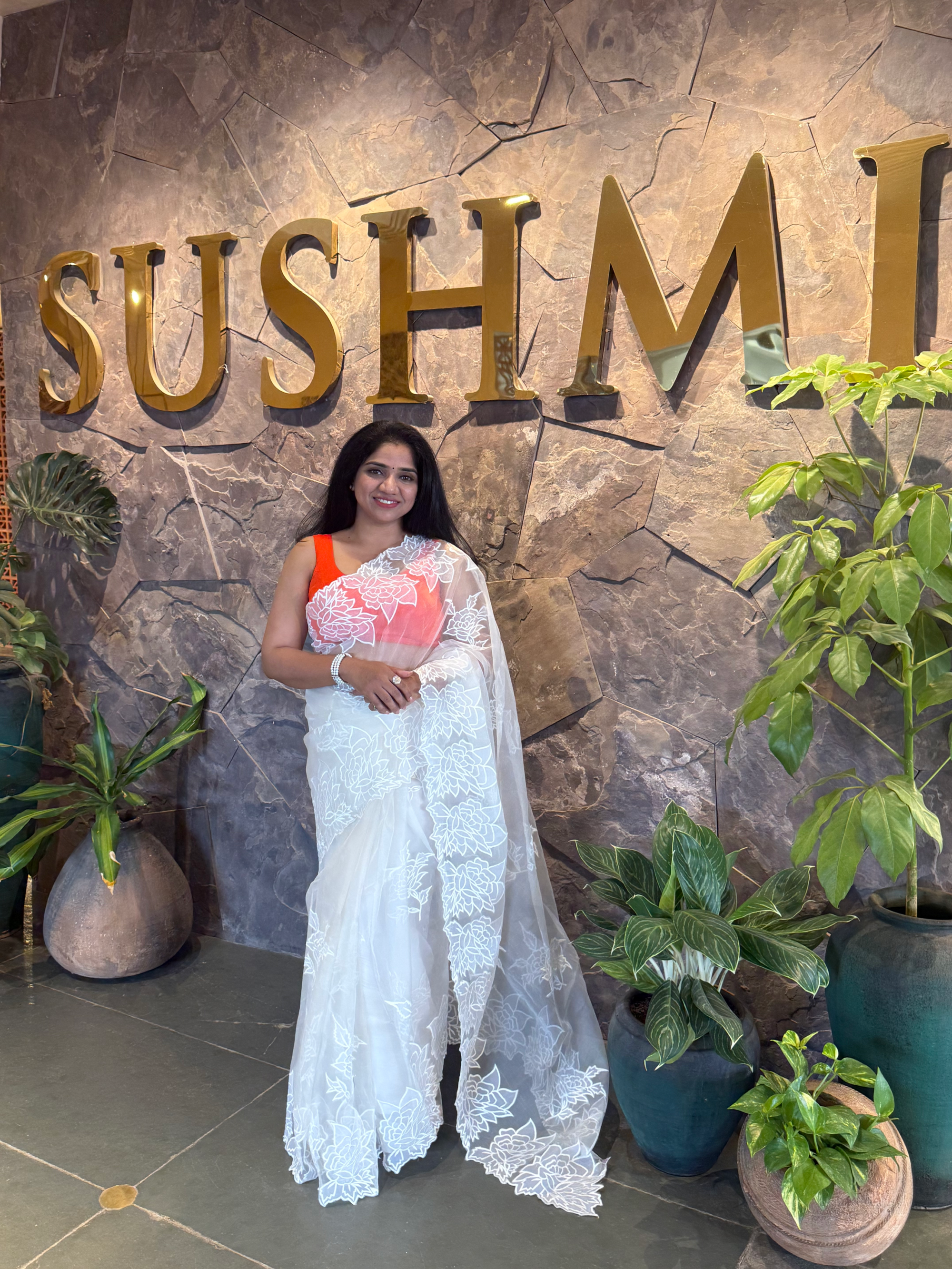 OROSEV1901 : White Organza Saree with Embroidered Rose Border