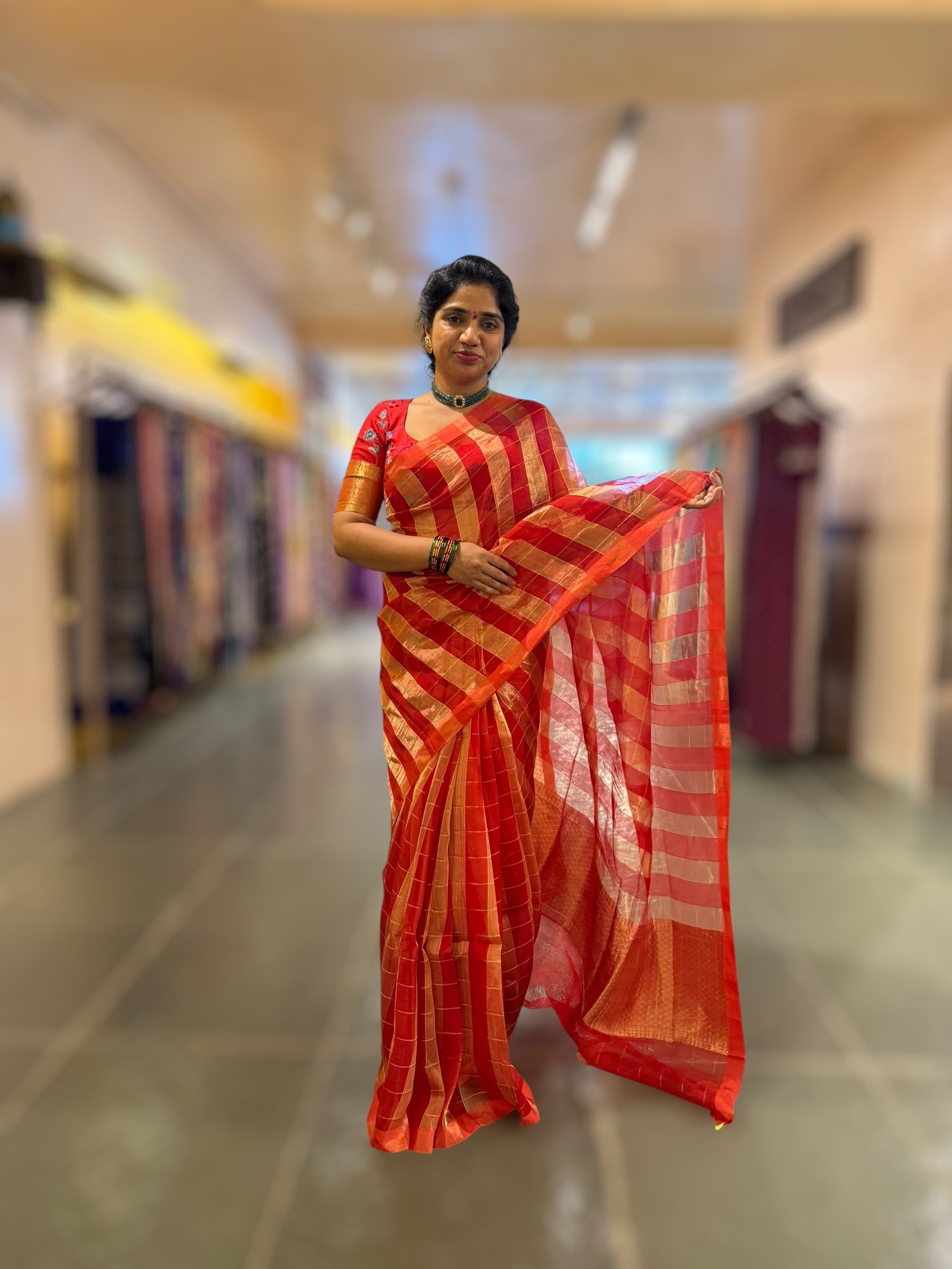 Red Pure Handloom Banarasi Kora Tissue Checks Saree