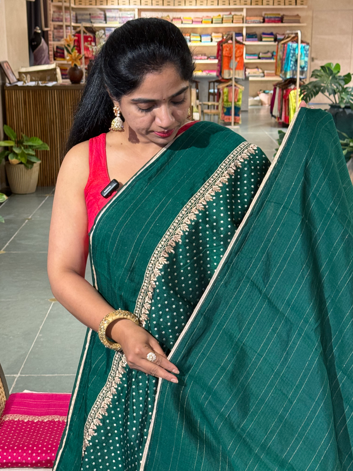 Bottle Green Chiniya Silk Saree with Embroidery Border & Applique Creeper Pallu