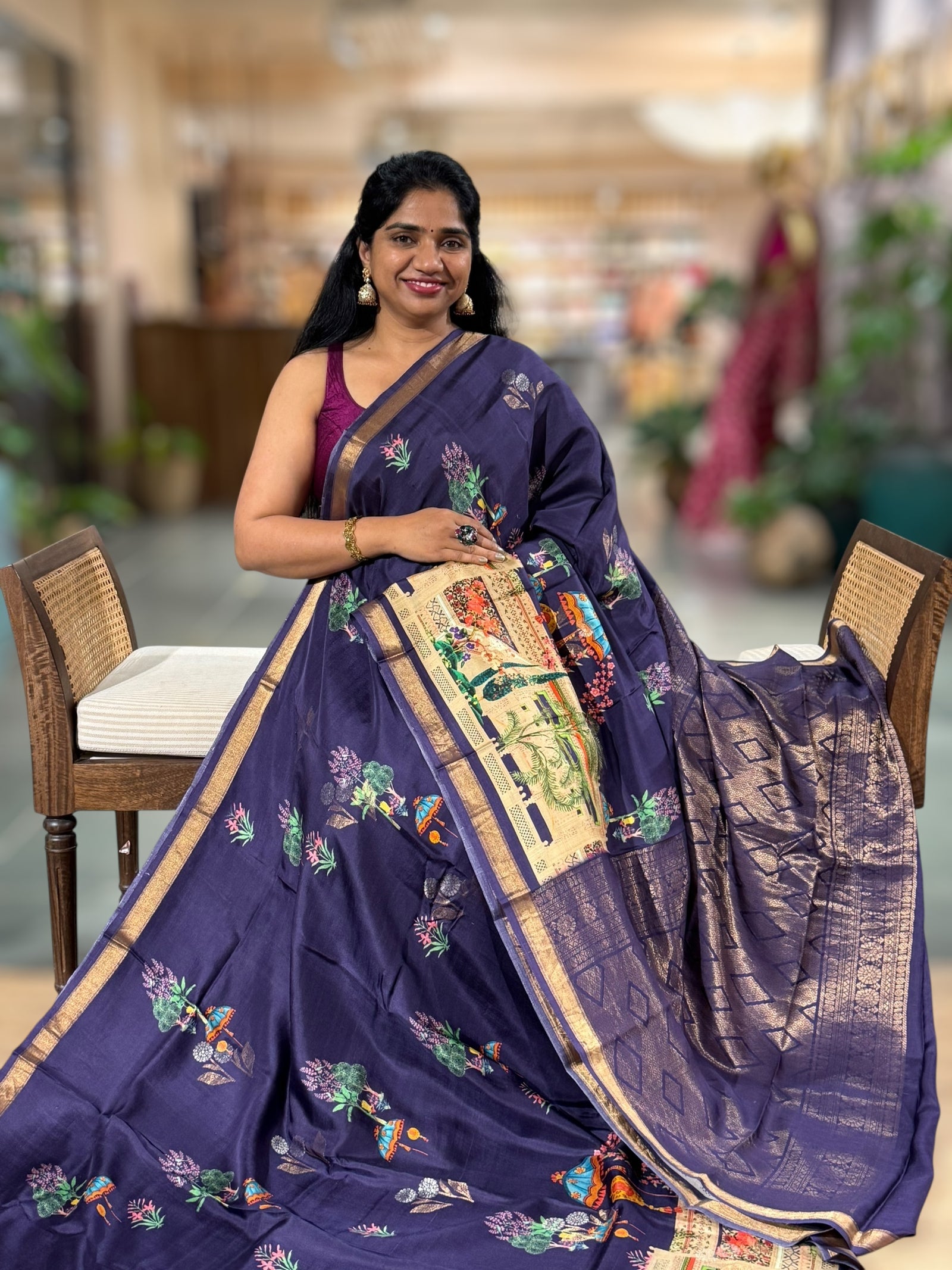 Brinjal Kanchi Soft Silk with beautiful Floral Print
