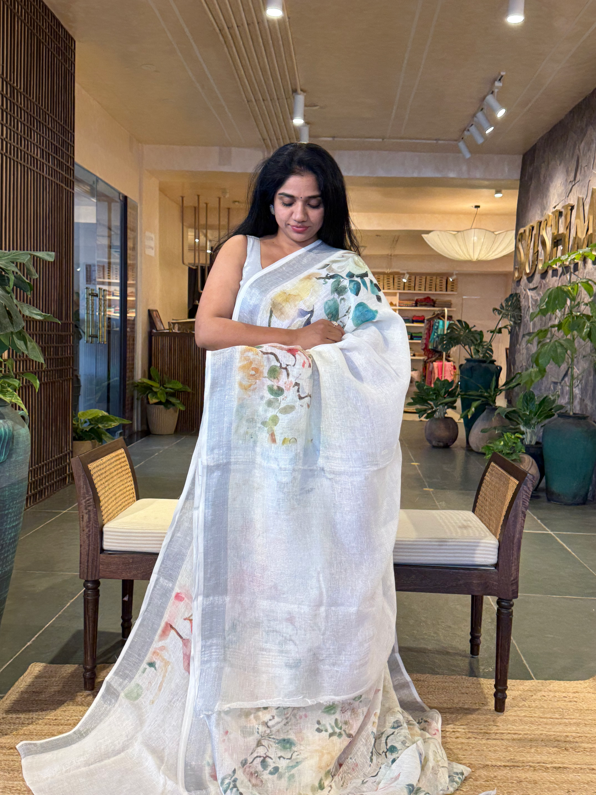 Snow White Pure Handloom Lenin Printed Sarees With Silver Zari Border