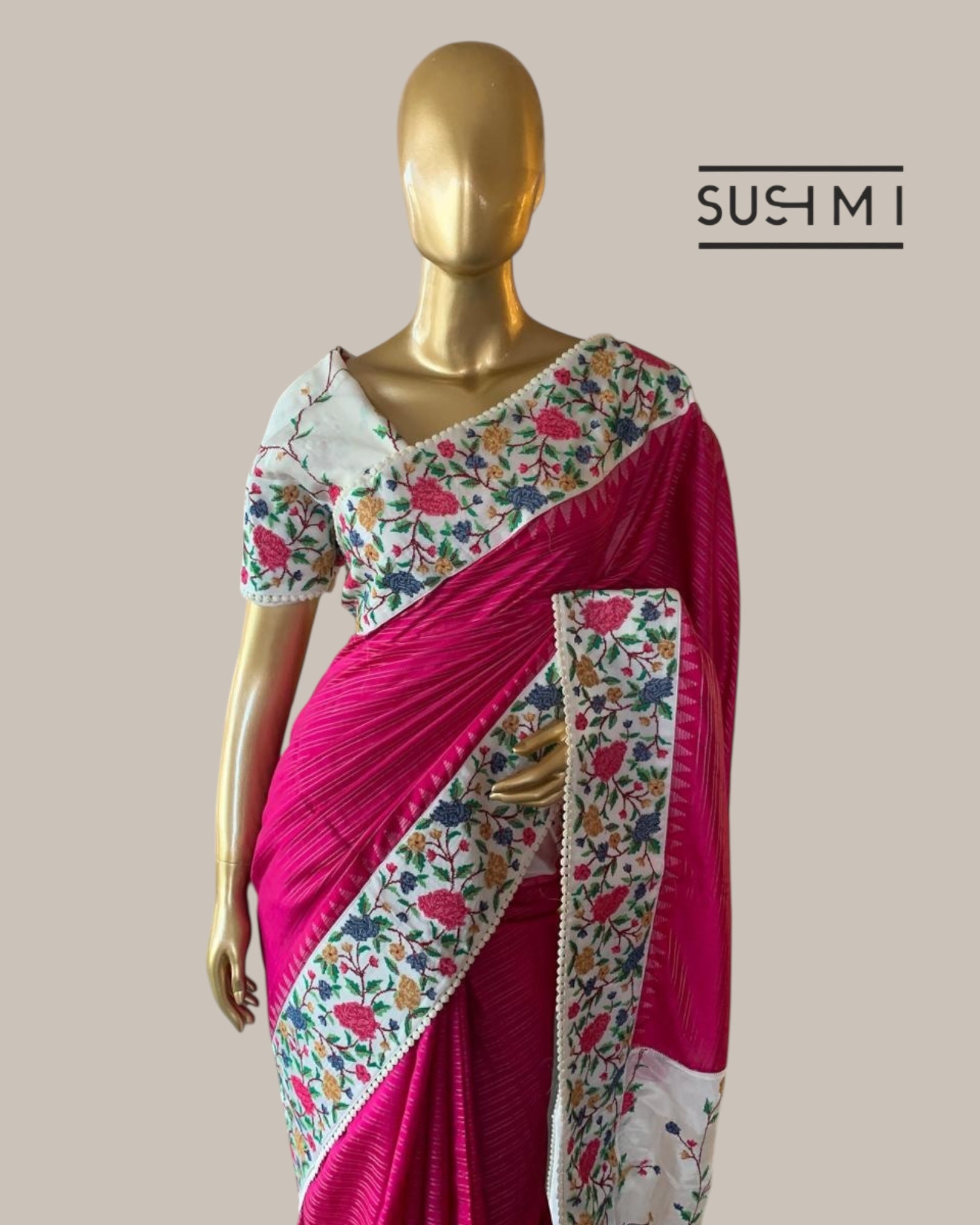 Pink Kanchi Soft Silk Saree With Petite Point Embroidered Border Pallu & Blouse