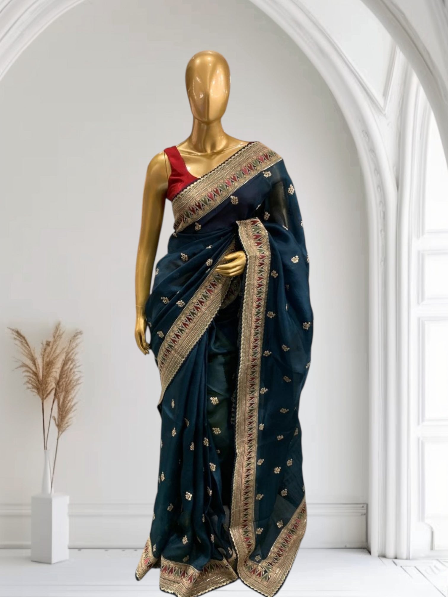 Luxe Peacock Blue Organza Saree with Sabyasachi-Inspired Border & Blouse