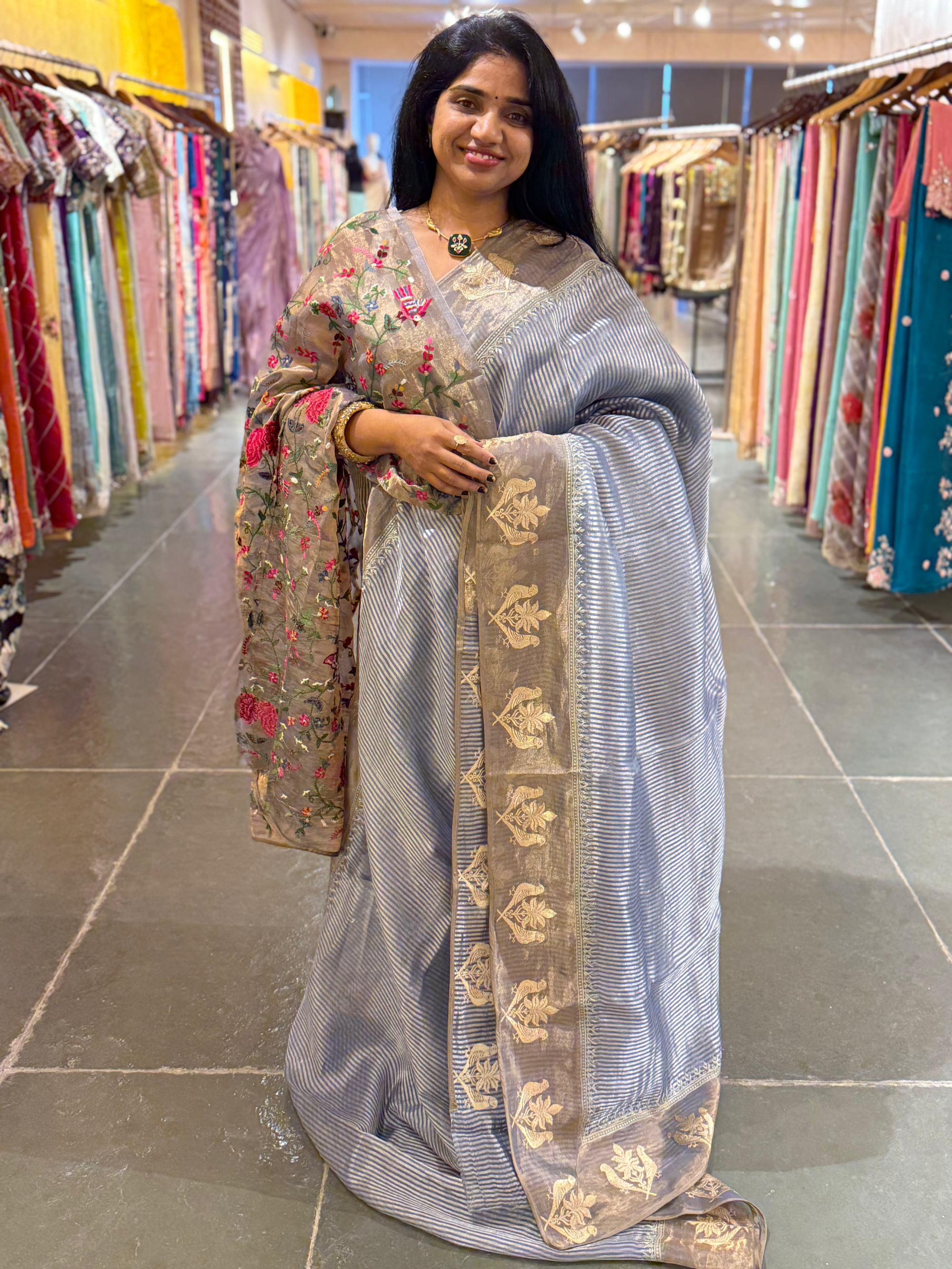 Corn Flower Blue Kora Tissue stripes saree wth tissue Embroidered Border
