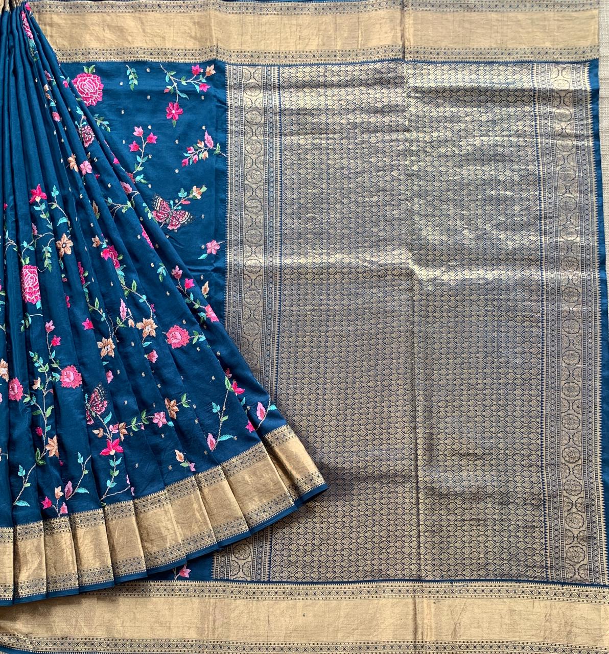 Midnight Blue Kanchi soft Silk Saree With Allover Petite Point Embroidery