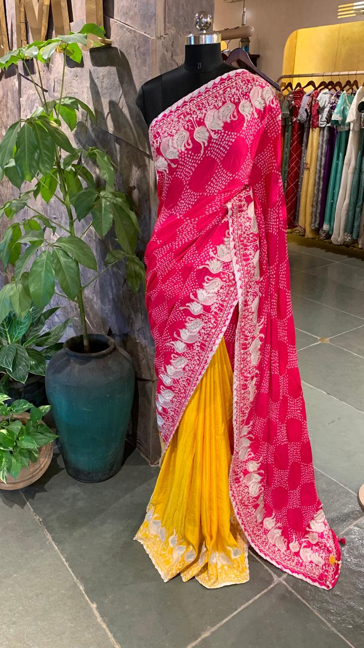 Pure Gajji Silk Rai Bandhej Saree in half and half style with Swan embroidery