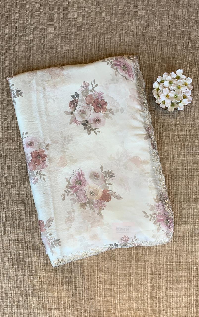 Lightest Mint Pure Chinnon Satin Crepe Saree with Floral Print& Handwork Borders