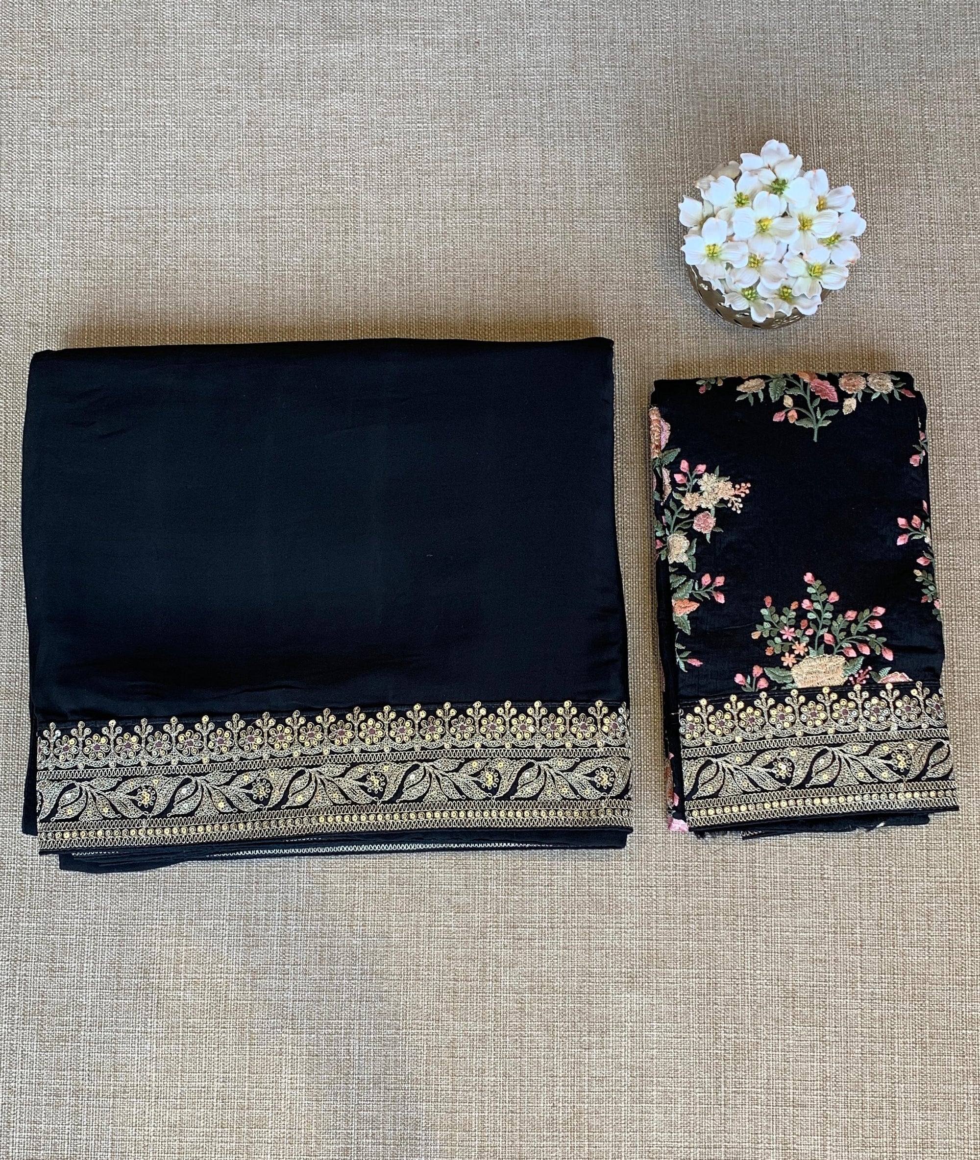 Black Pure Satin Silk Saree With Sabhya Borders & Allover Emb Blouse
