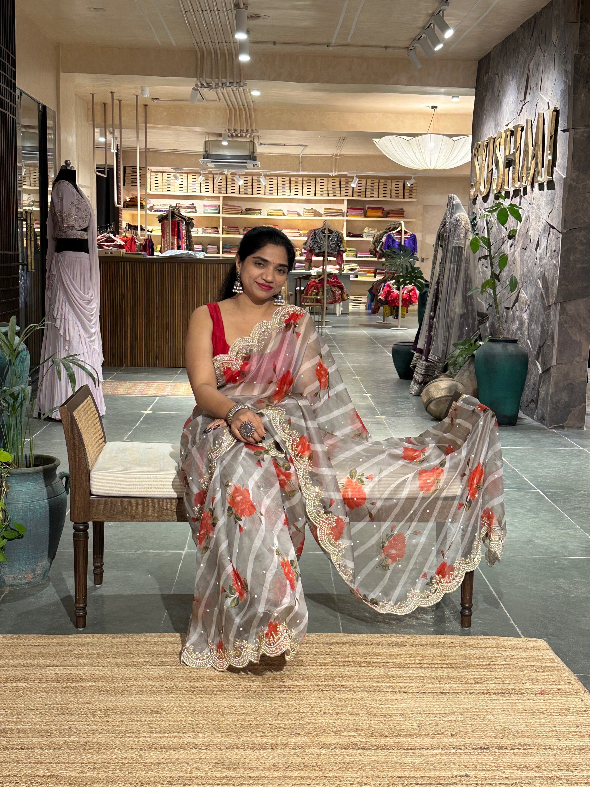 Earthy Tone Pure Organza lehariya Floral Printed With Handwork Border