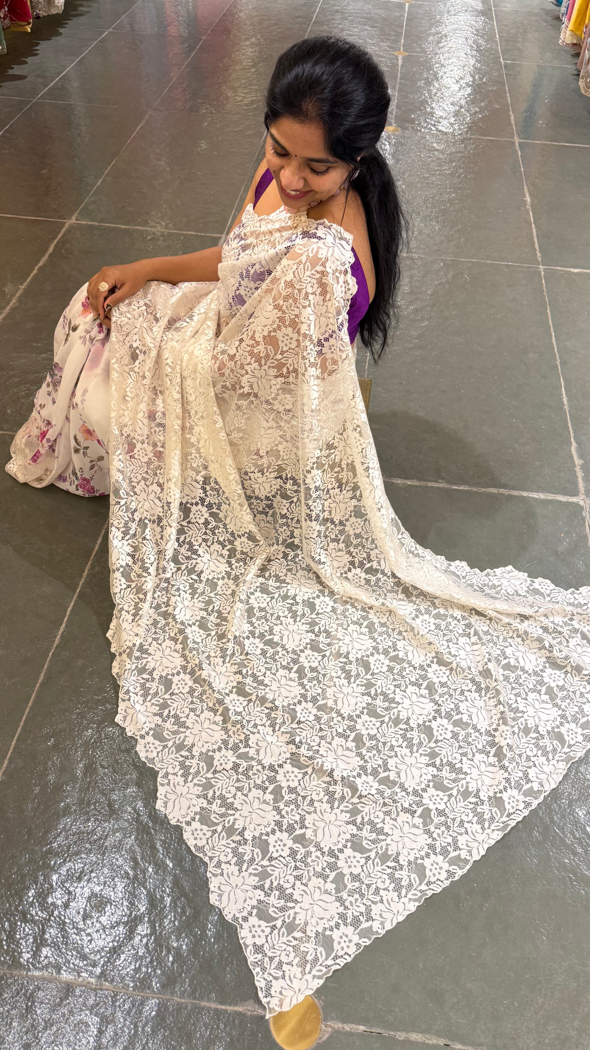 Designer Gorgette Saree with Chantilly lace for Pallu in Half and Half style