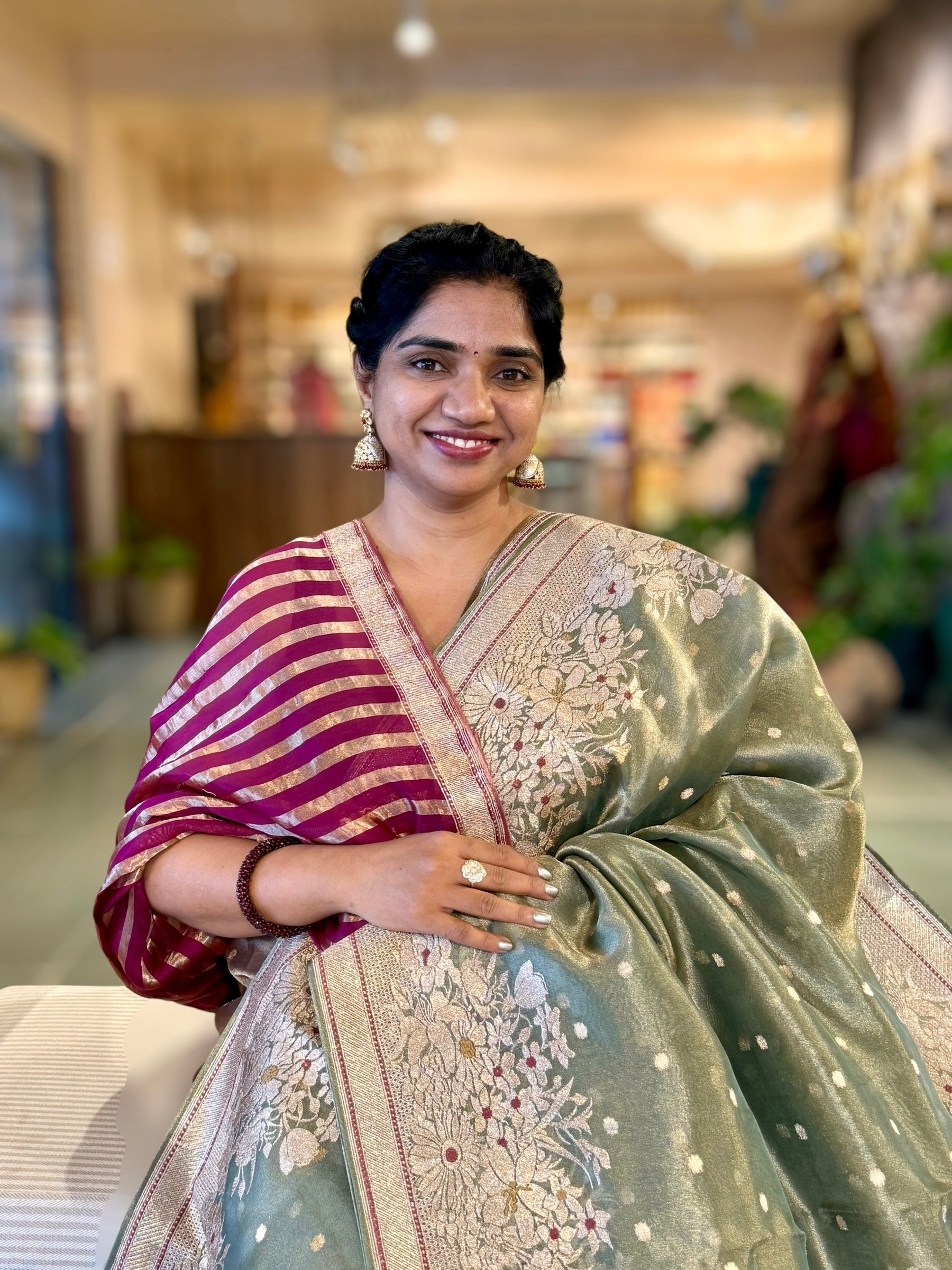 Green Banarasi Tissue Saree With Heavy Tissue Embriodered Border & Stripes BP