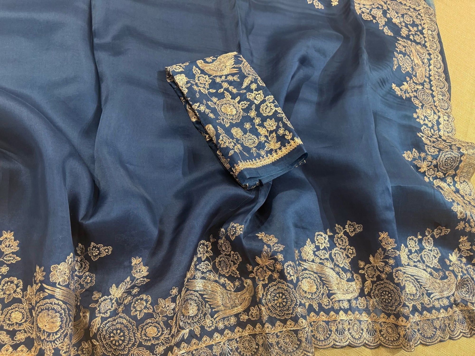 Midnight blue Pure organza Saree with pita emb