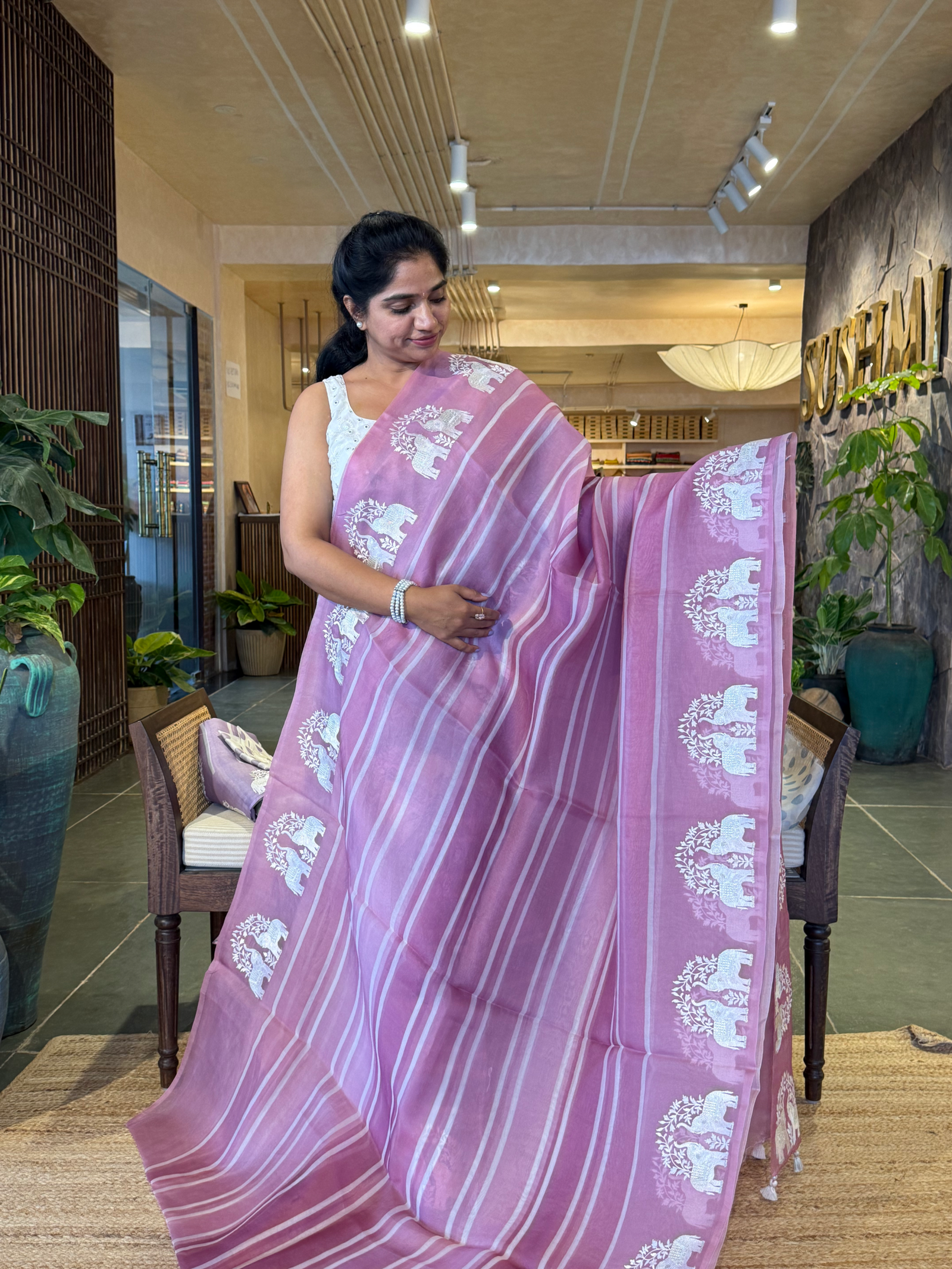 DOEA2702 Dusty Pink  Shaded Pure Organza  Saree with Embroidery