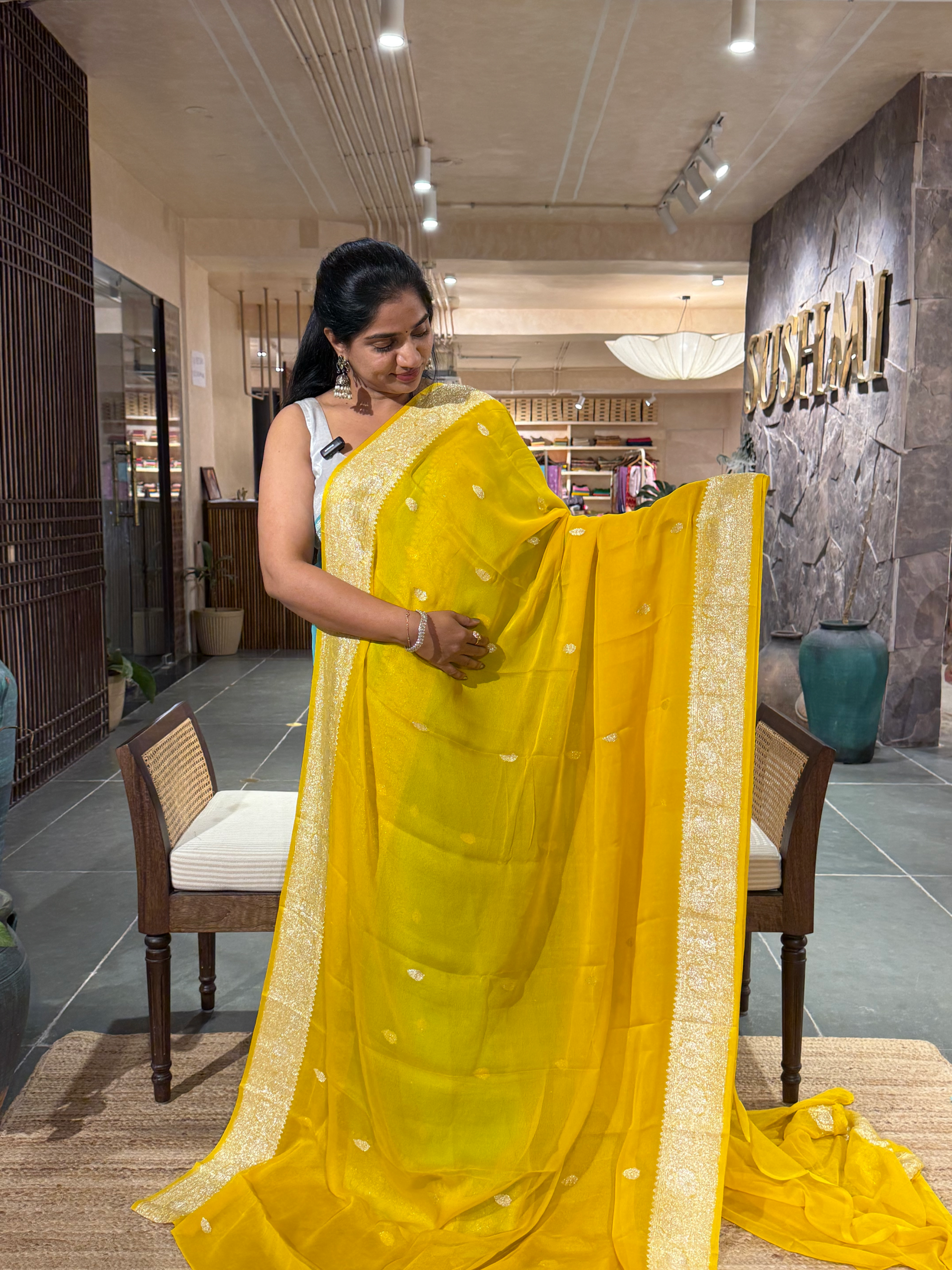 Mango Yellow Banarasi Handloom Khaddi Chiffon Saree with silver