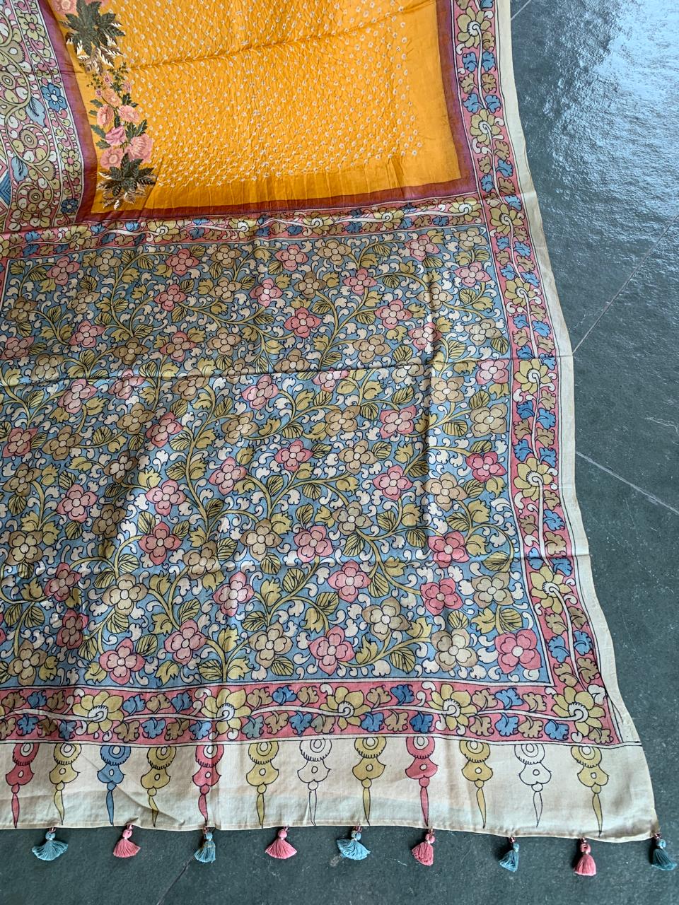 Yellow Tussar Bandhini Saree With Pen kalamkari Border & Petite Point Emb Blouse