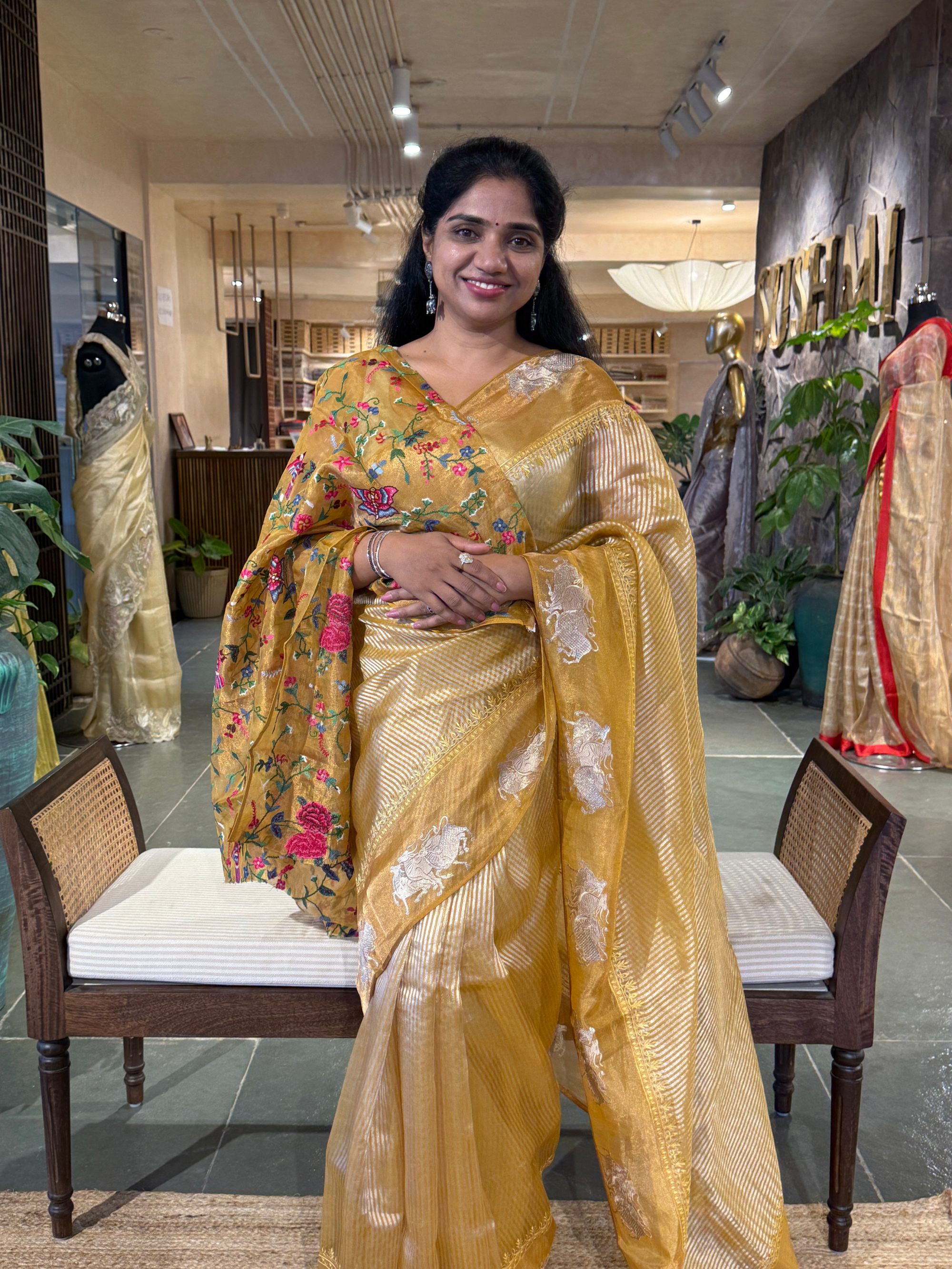 Mustard Tissue Stripes Saree with Nandi Border & Tissue Petite Point Blouse