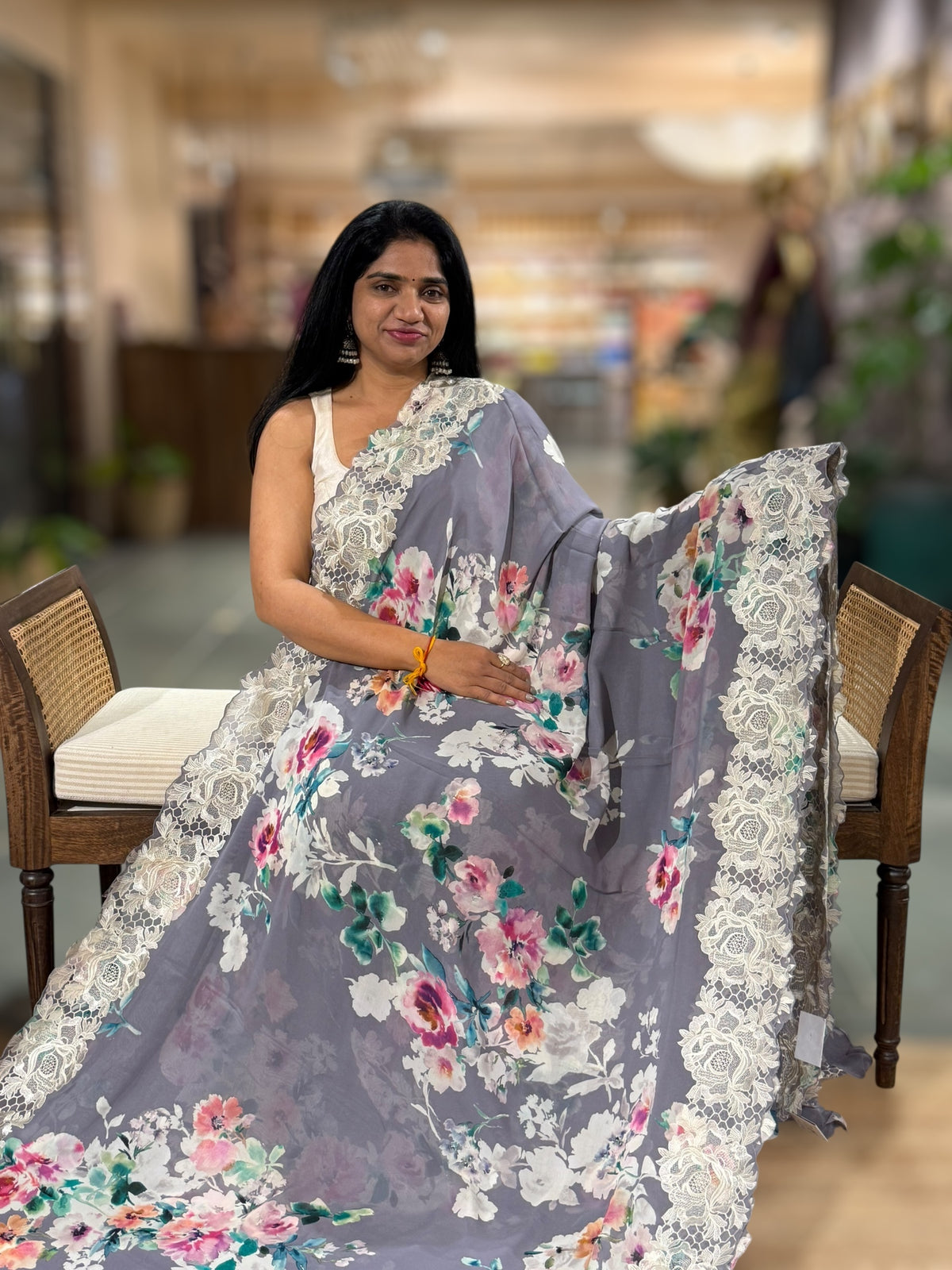 Blusih Grey Gorgette  Saree With Chatilly Lace Style Cutwork embroidered Border