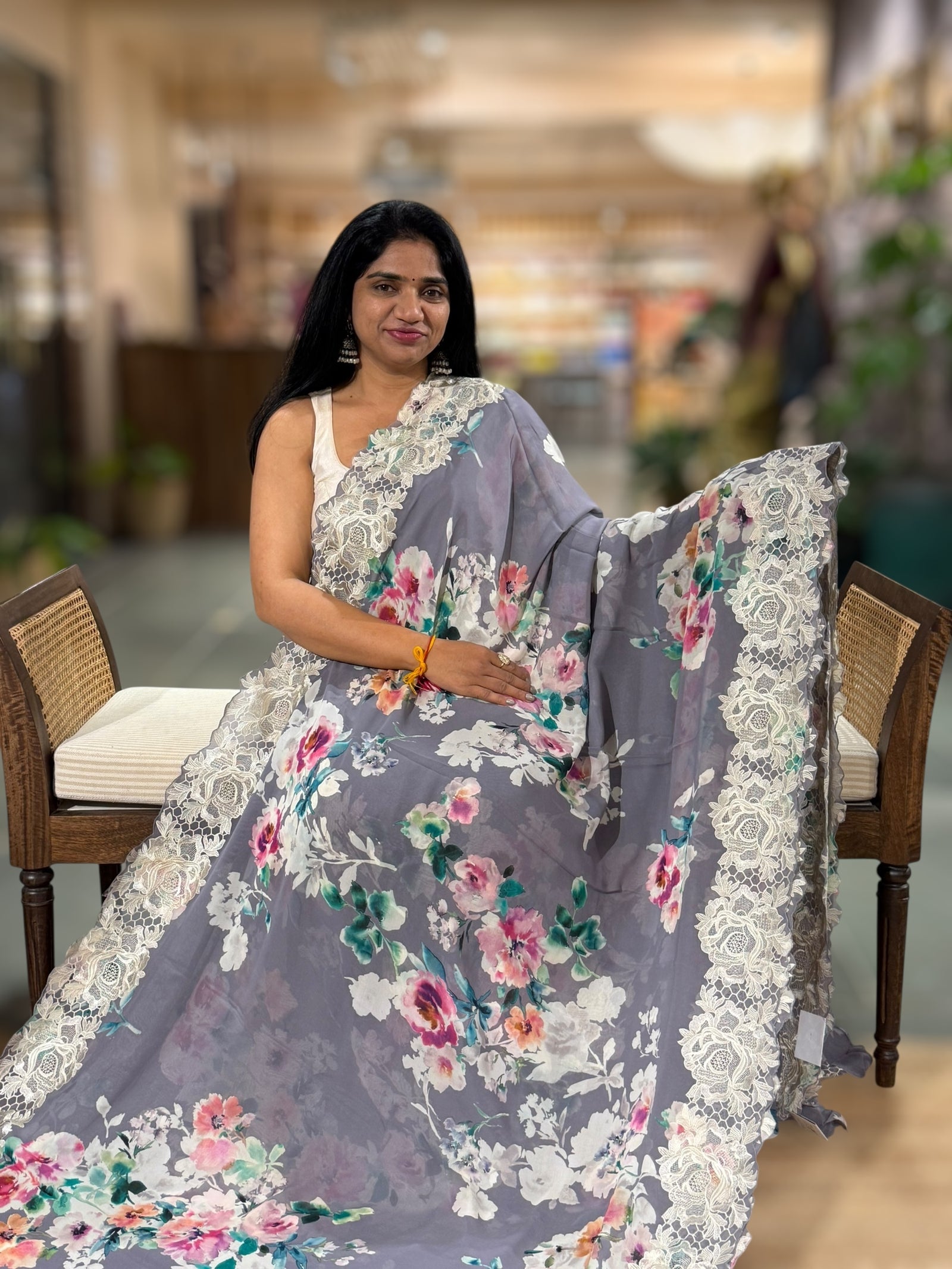 Blusih Grey Gorgette  Saree With Chatilly Lace Style Cutwork embroidered Border