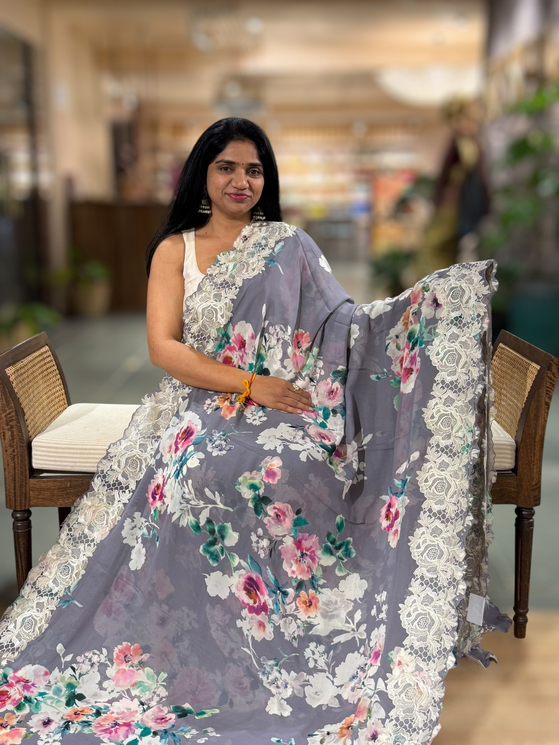 Blusih Grey Gorgette  Saree With Chatilly Lace Style Cutwork embroidered Border