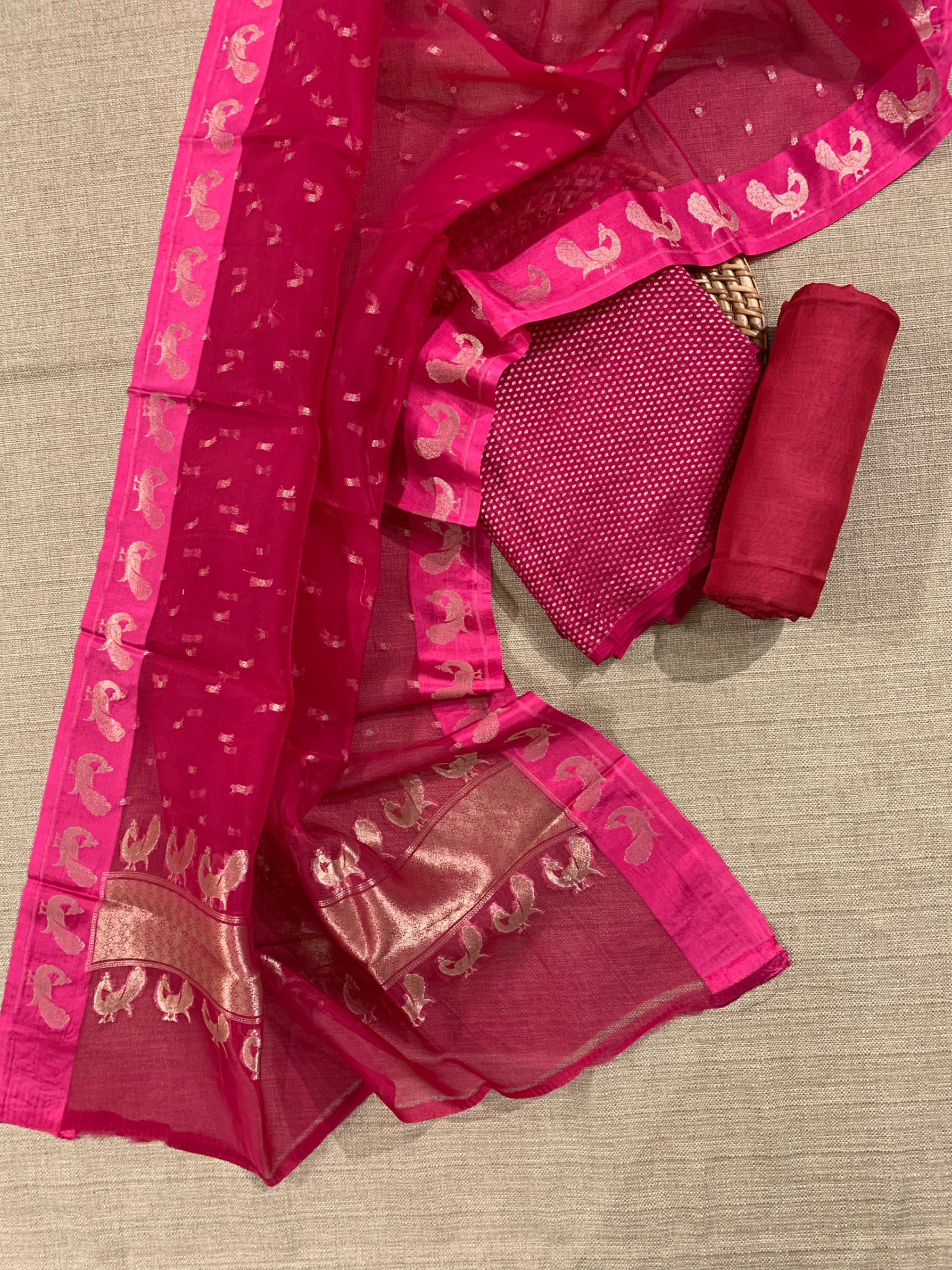 Dark Pink Pure Handloom Banarasi Moonga Crepe Silk  3-pc Unstitched Suit Set