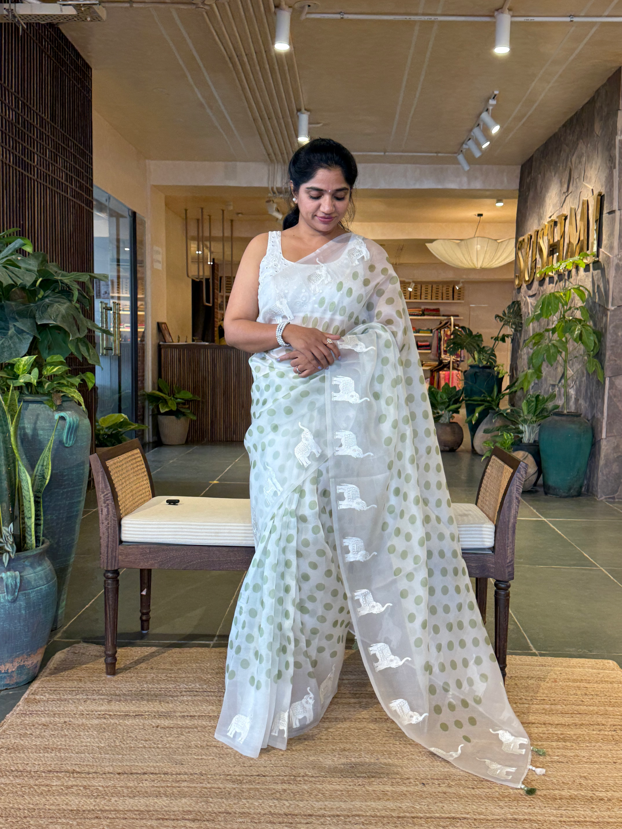 SOCH1304 :White & Green Organza Saree Wth Embroidered ElephantBorder & Floral BP