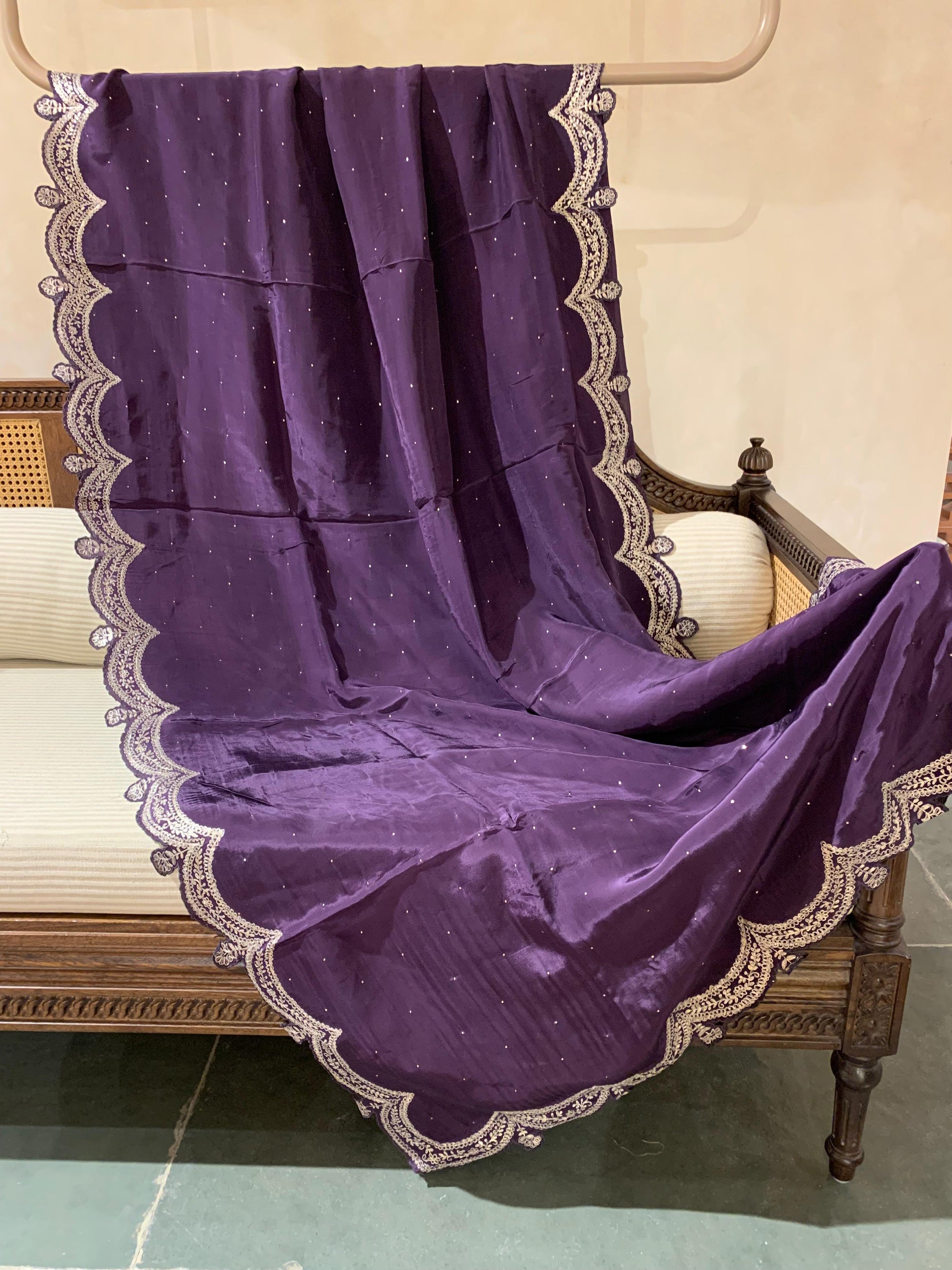 Plum Crepe Silk Saree With Pita Work Scallop Border & Pure Silk Printed Blouse