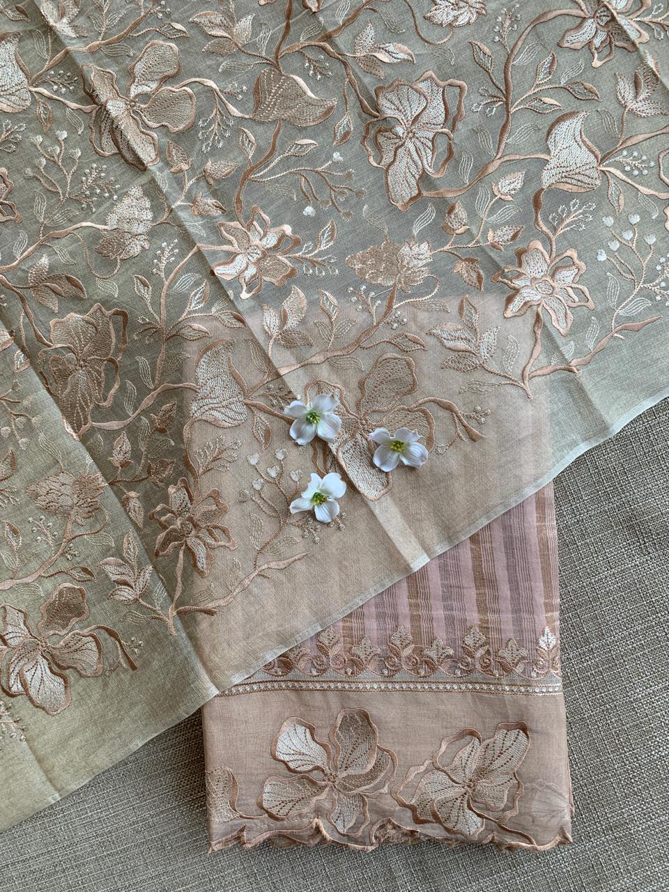 Nude pink Mul Tissue Stripes Saree With Tissue Cutwork  Border & Blouse