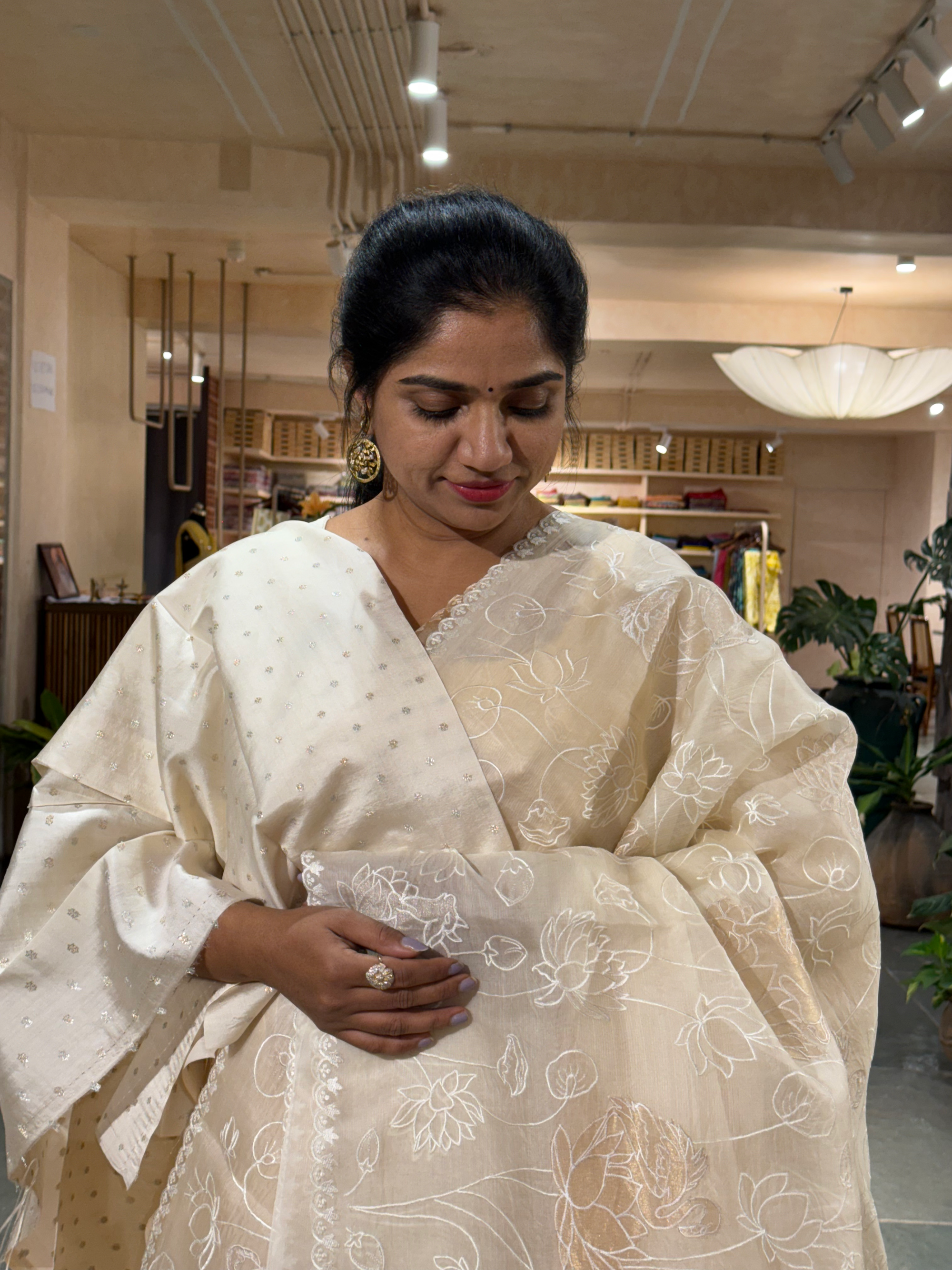 SOAA1605 : Ivory Organza Saree with Allover Pichwai Applique Embroidery