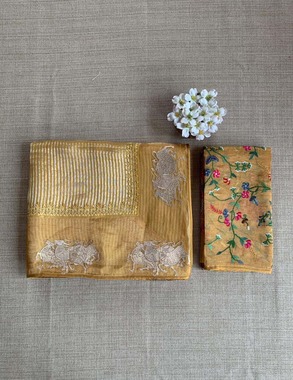 Mustard Tissue Stripes Saree with Nandi Border & Tissue Petite Point Blouse