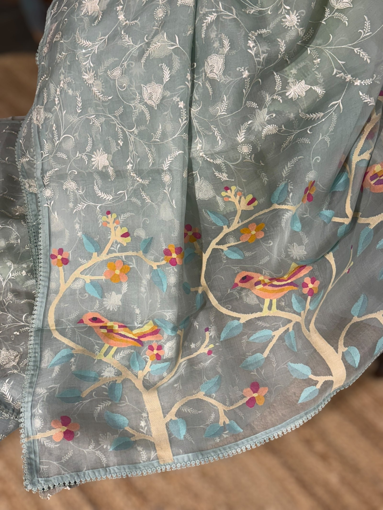 Pastel Blue Pure Handloom Muslin Saree with Allover chikankari & Jamdnai Pallu