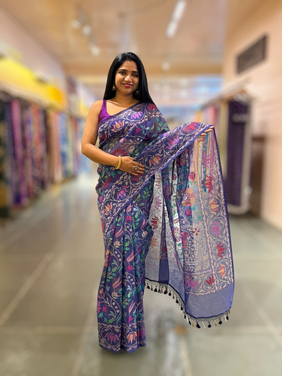 Neelambari - Real Zari Banarasi Cotton Jamdani Saree