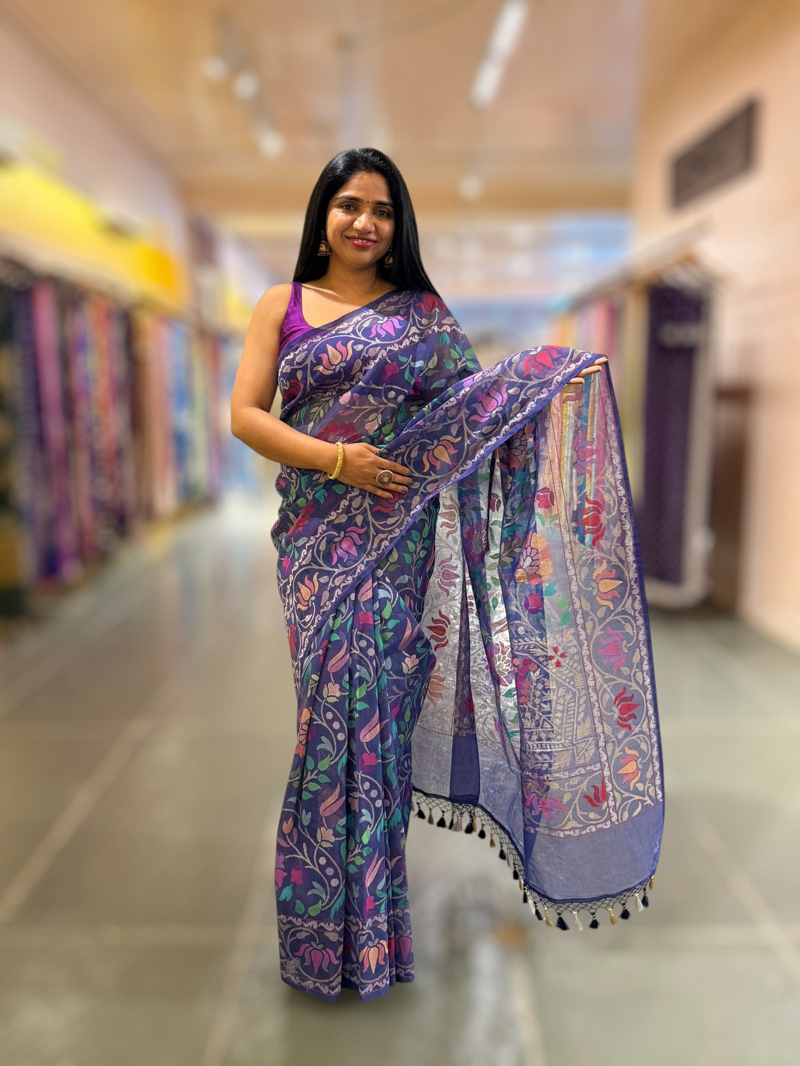 Neelambari - Real Zari Banarasi Cotton Jamdani Saree