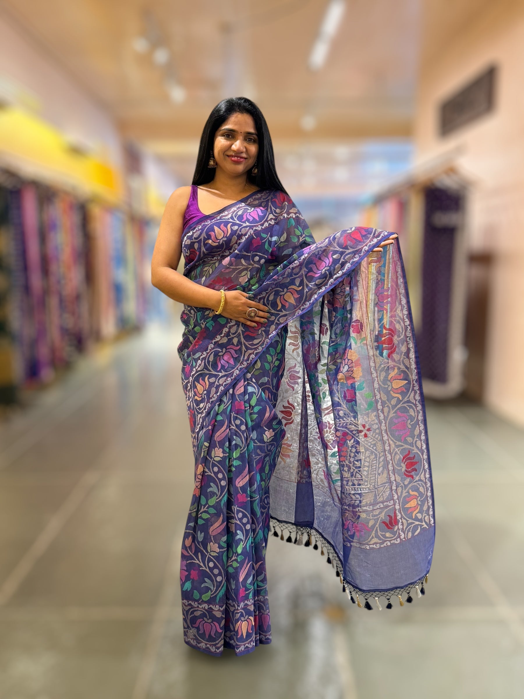 Neelambari - Real Zari Banarasi Cotton Jamdani Saree