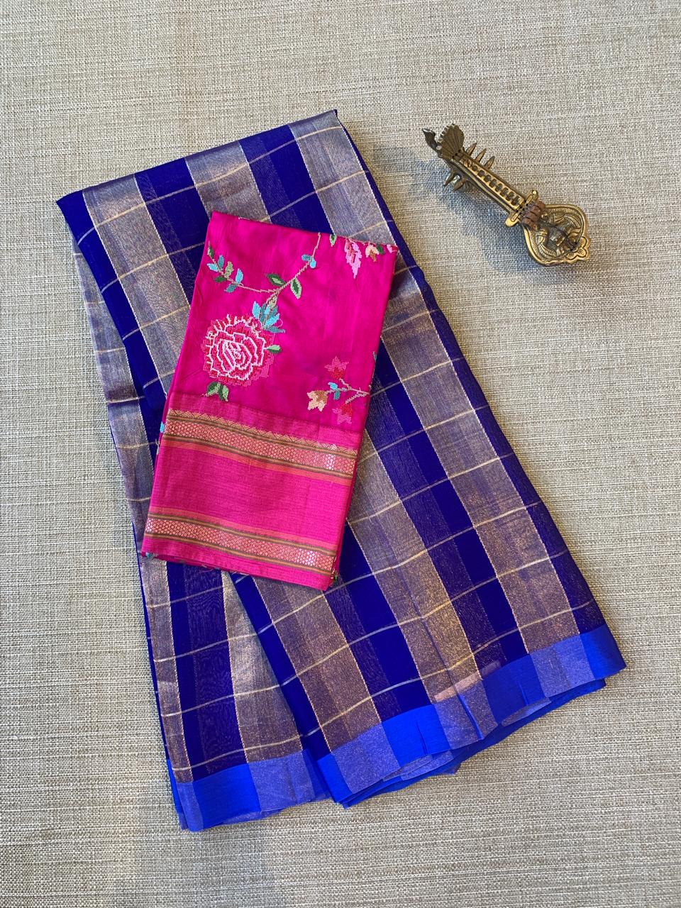 Royal Blue Pure Handloom Banarasi Kora Tissue Checks Saree