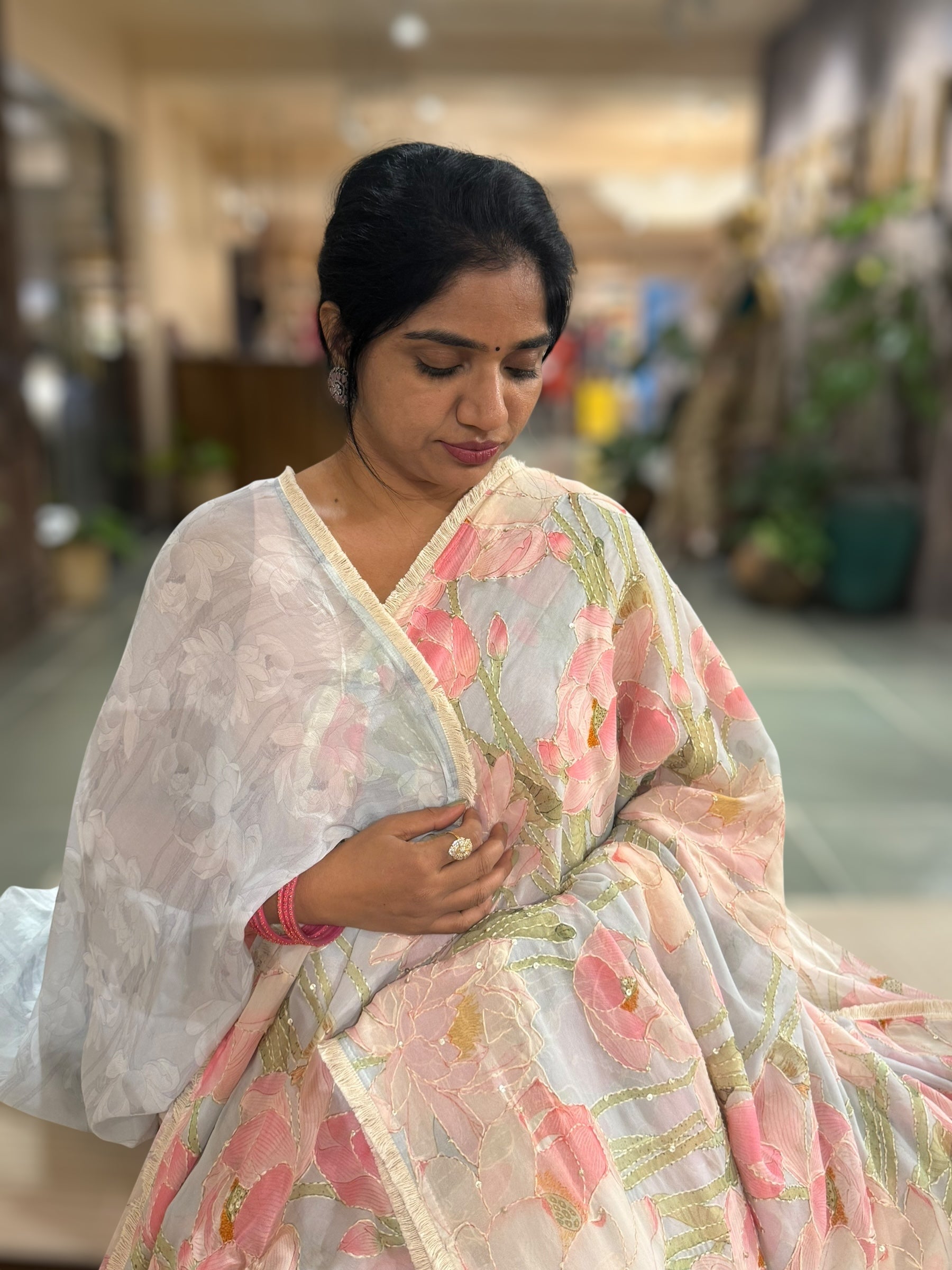 Pastel Blue Pure Gorgette Printed Saree With Allover Hand Done Katha work