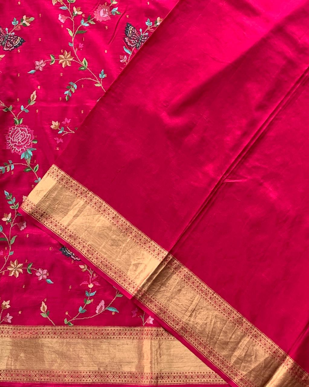 Dark Pink Kanchi  Saree With Allover Petite Point Embroidery