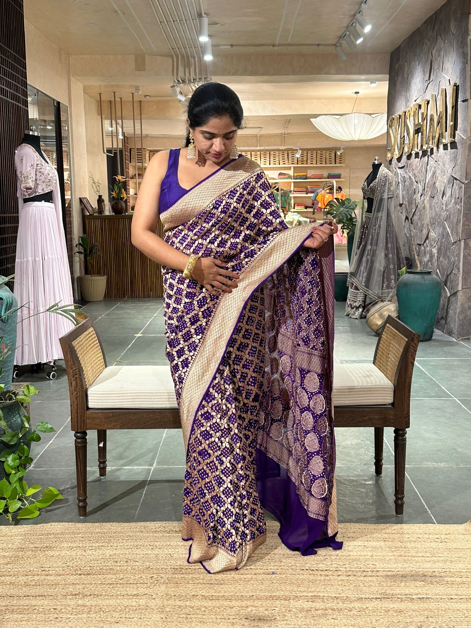 Purple blue banarsi khaddi georgette handmade bandhej work