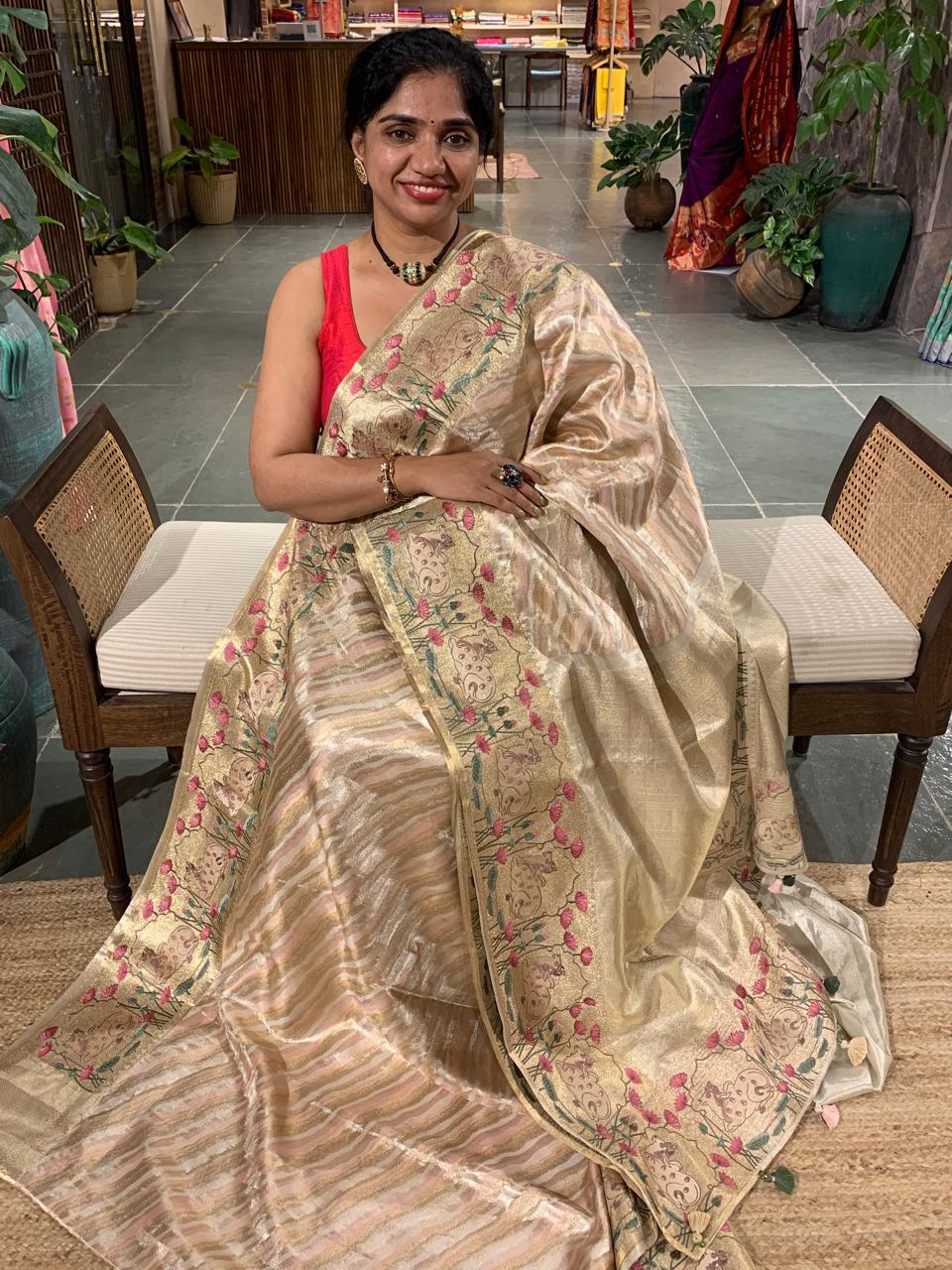 Kanchi Tissue Saree With Tissue Pichwai Embroidered Border
