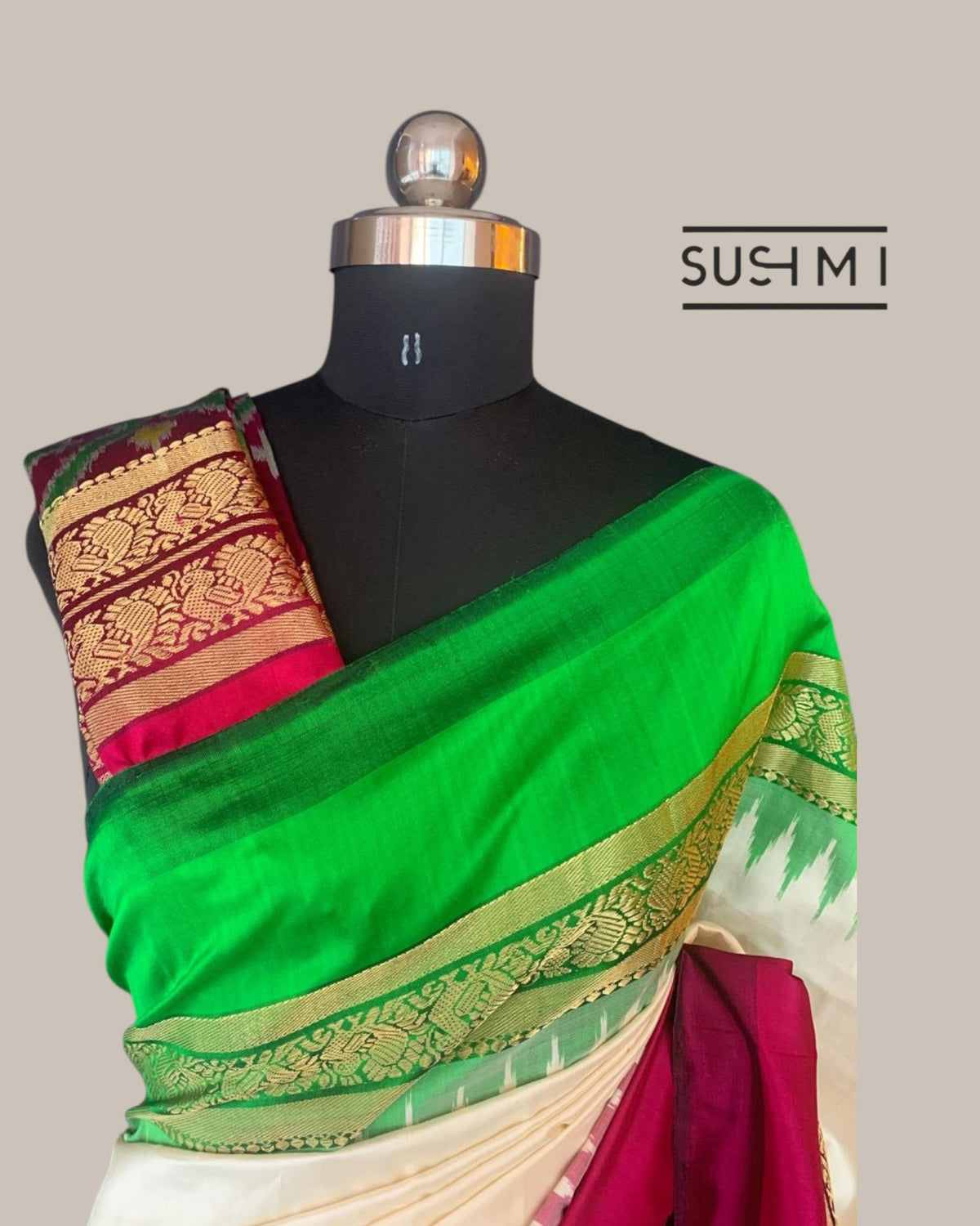 Pure Handloom Twill Ikkath Kanchi Saree With Ganga Jamuna Borders