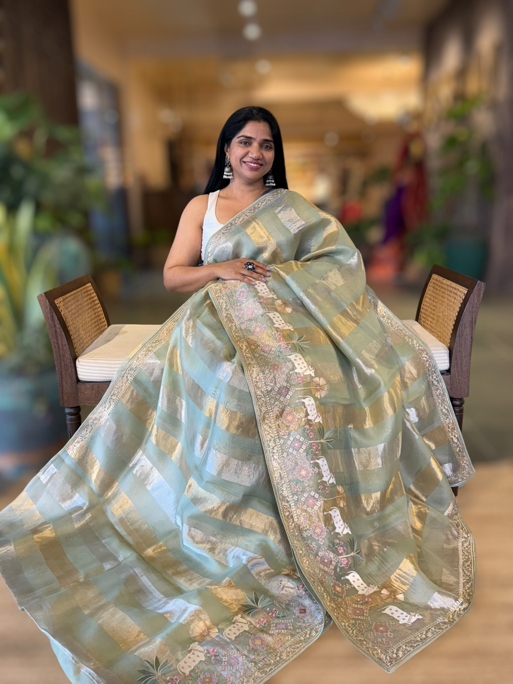 Pista Green Kora Tissue Stripes Saree With Jamdani  & Pichwai embroidered Border