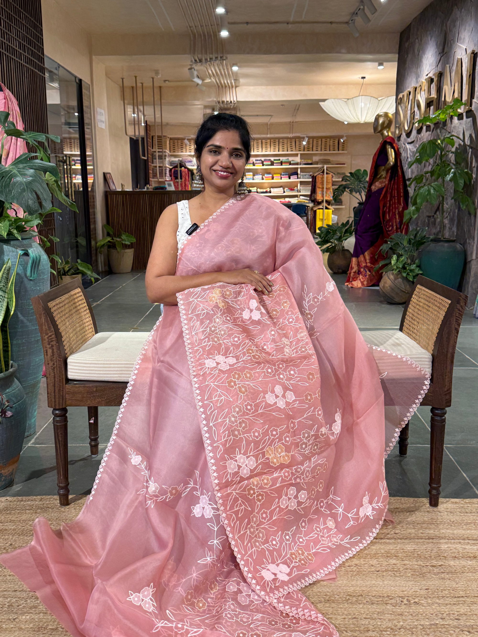 Peach Pink Organza Applique work Saree