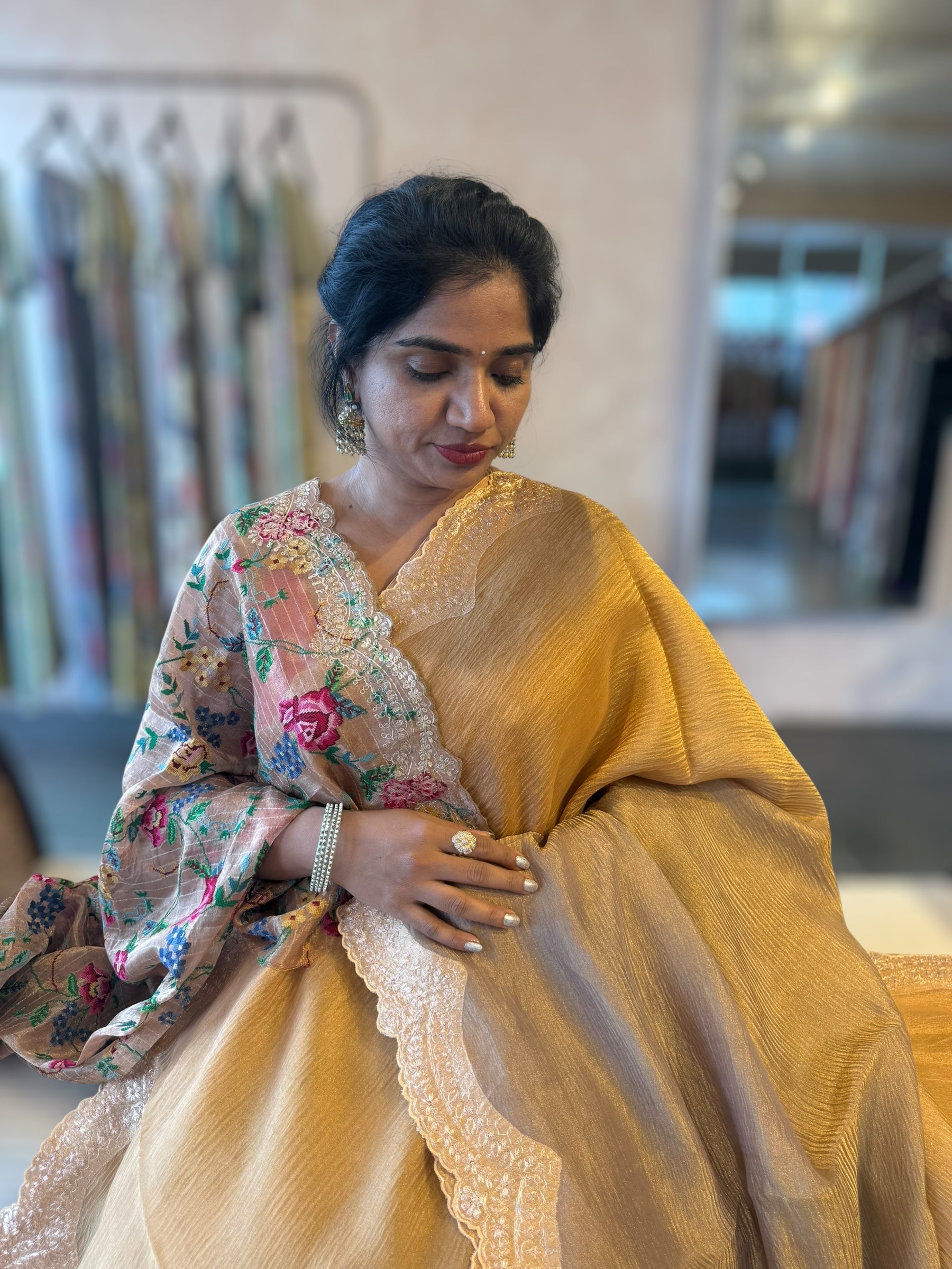 Ombre Dyed Crush Tissue Saree With Pitawork Border & Petite Point Embroidered BP