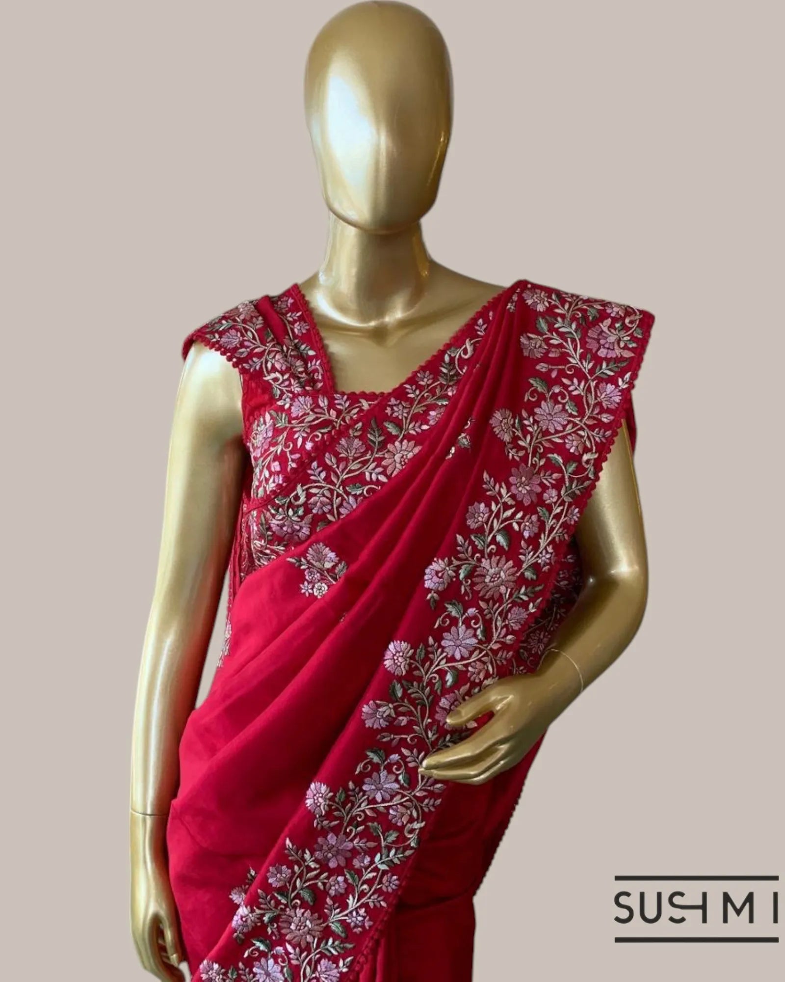 Ruby Red FallingTussar Saree with beautiful multi color embroidered border heml