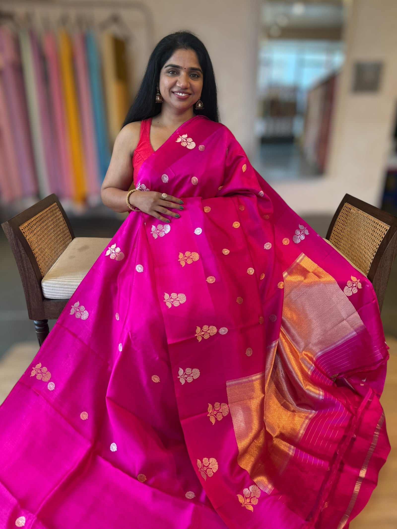 Rani Pink Banarasi Raw Mango Silk Saree with Open Borders & Kaduwa Woven Motifs