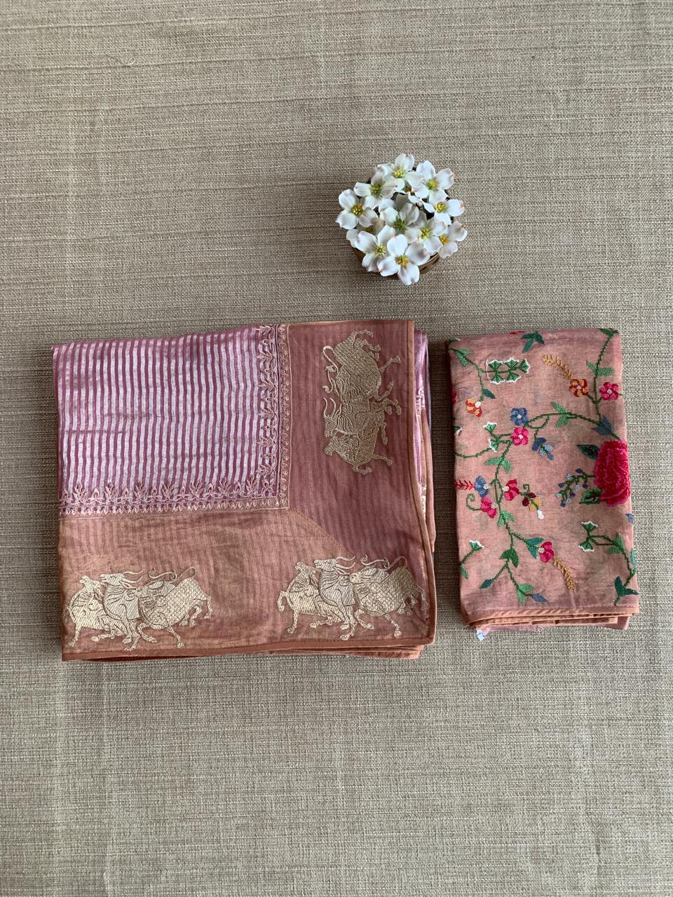 Onion Pink Tissue Stripes Saree with Nandi Border & Tissue Petite Point Blouse