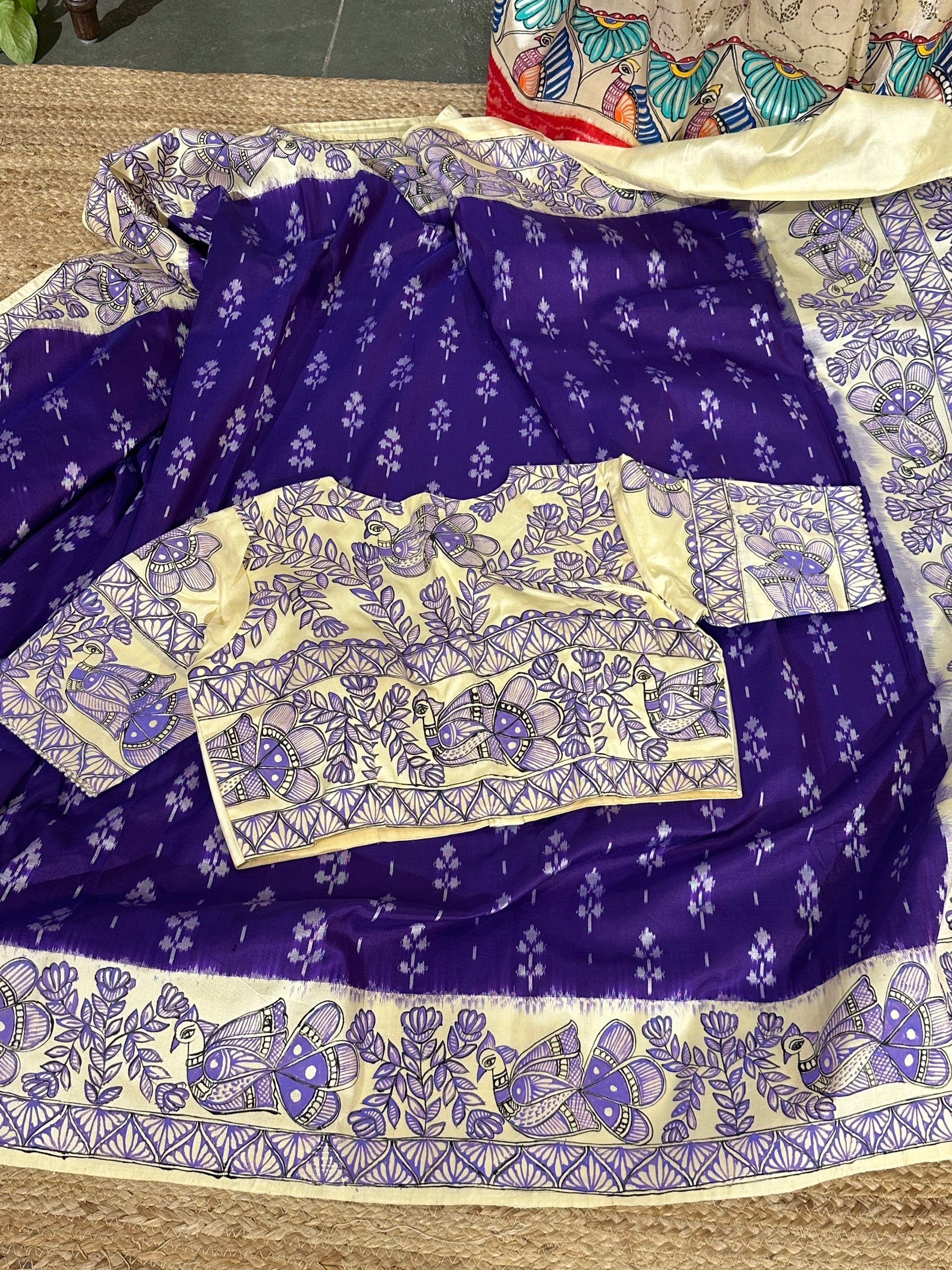 VioltPatola with Madhubhani handpainted border pallu and Blouse fed