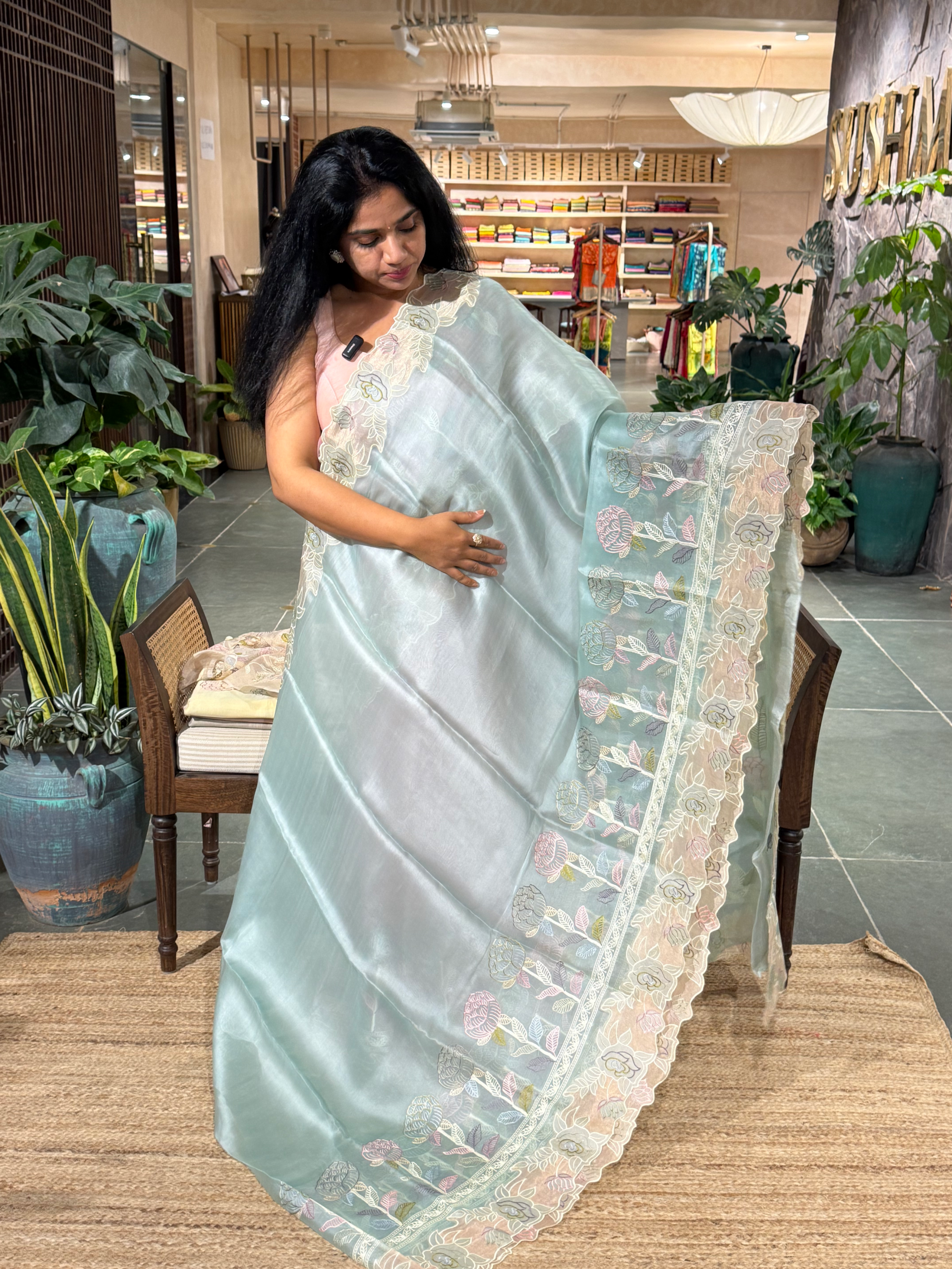 Pastel Blue Pure Organza Saree with embroidered and cutwork borders