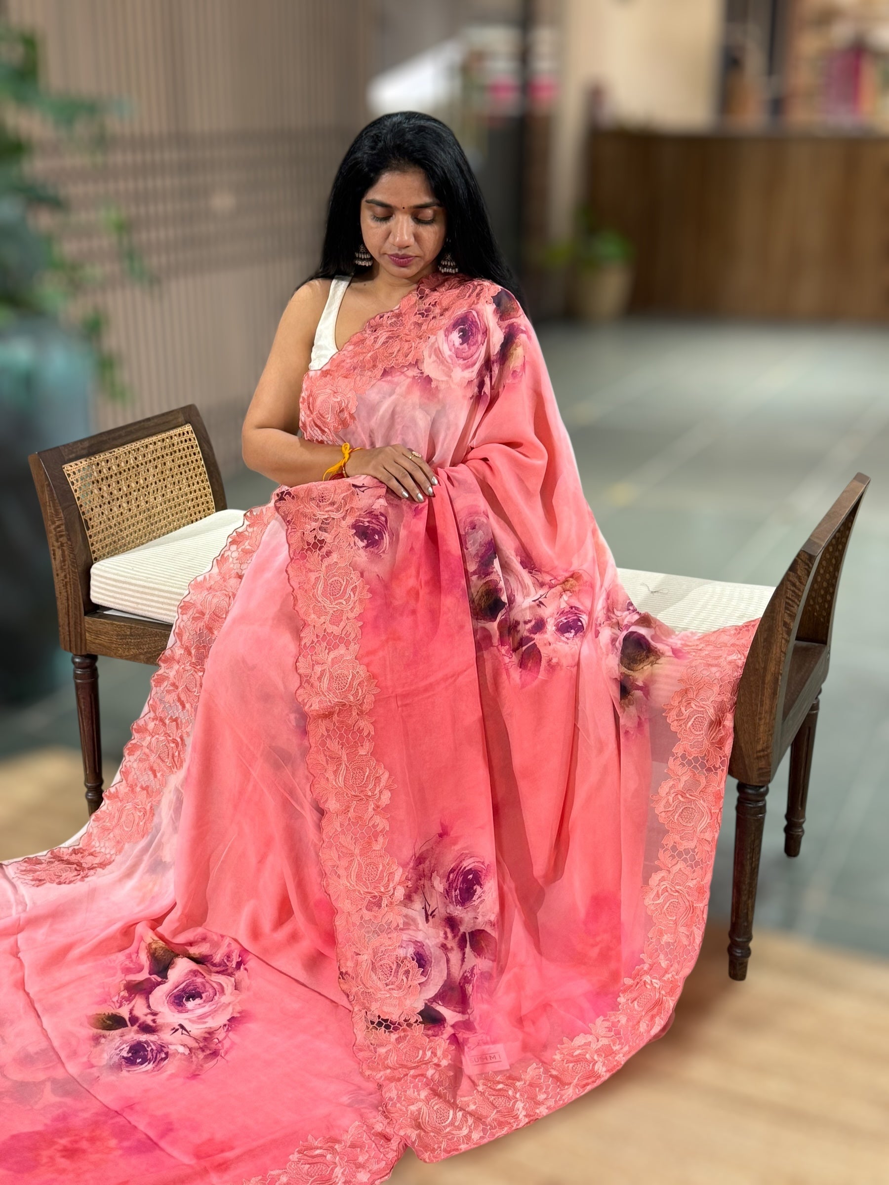 Coral Gorgette Printed Saree With Chatilly Lace Style Cutwork embroidered Border