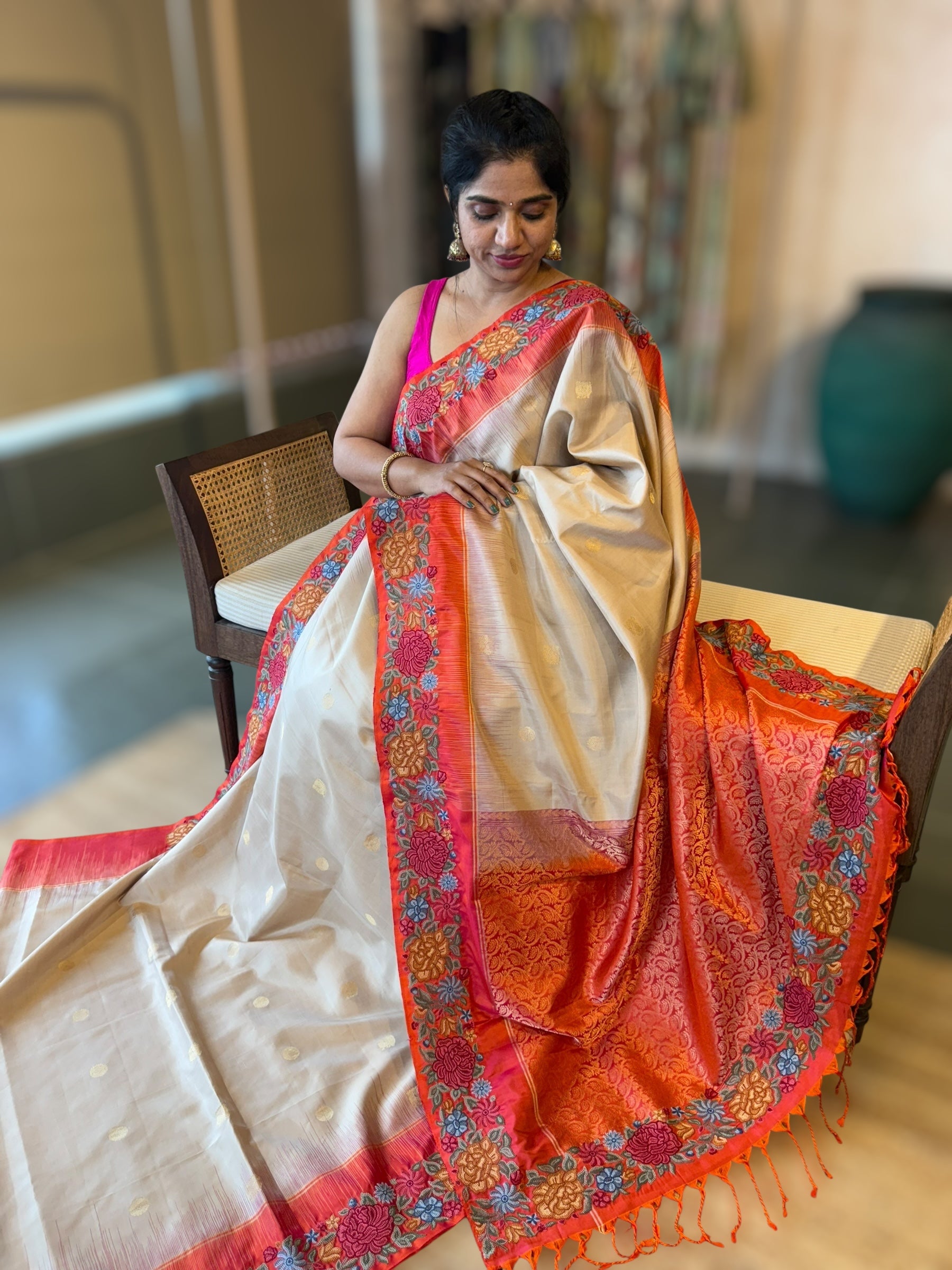 Champagne Gold Kanchi Silk Saree in With Petite Point  Embroidered Border