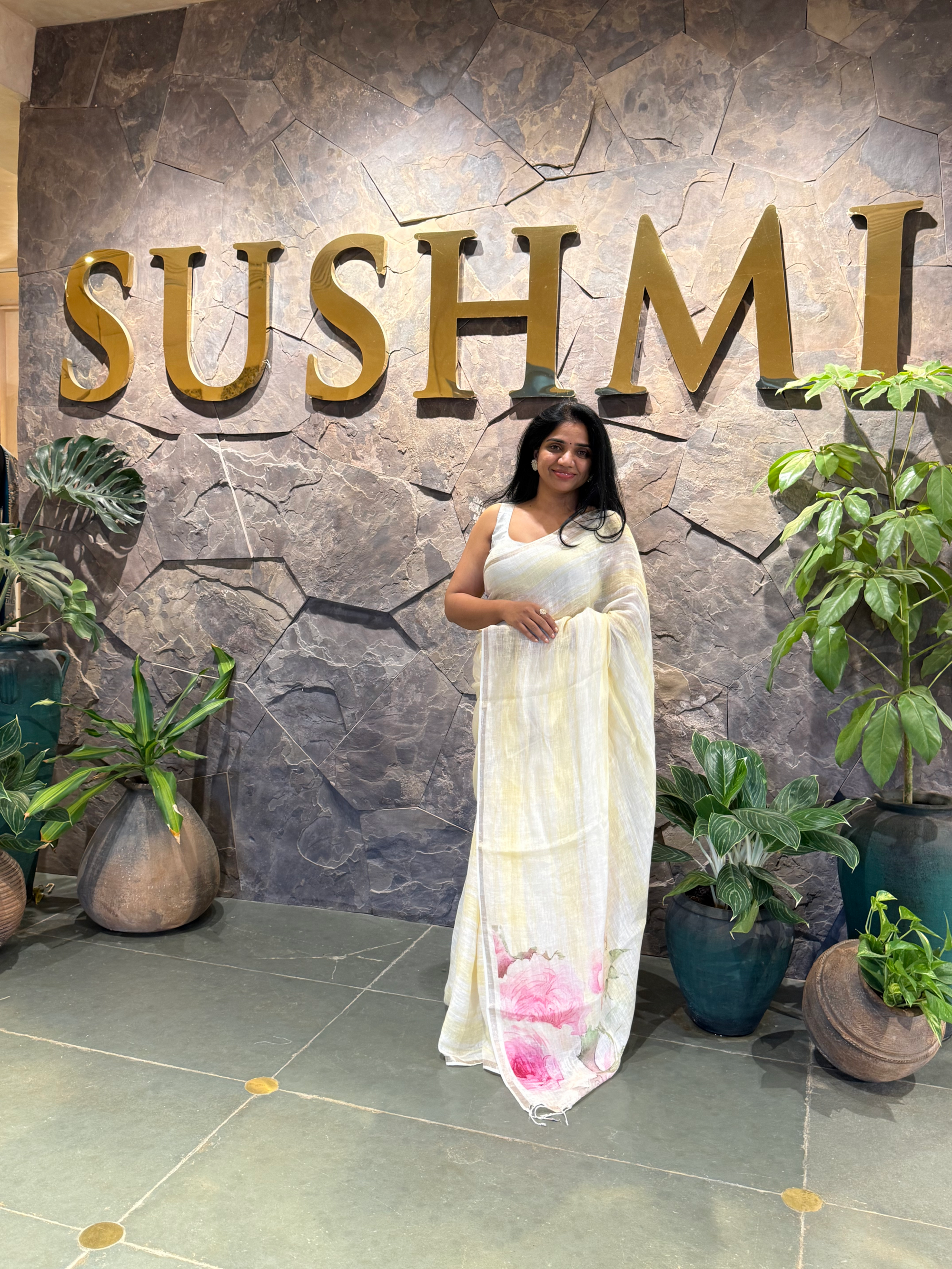 Ivory & Pastel Yellow Handloom Lenin Striped Saree With Statement Flower Pallu